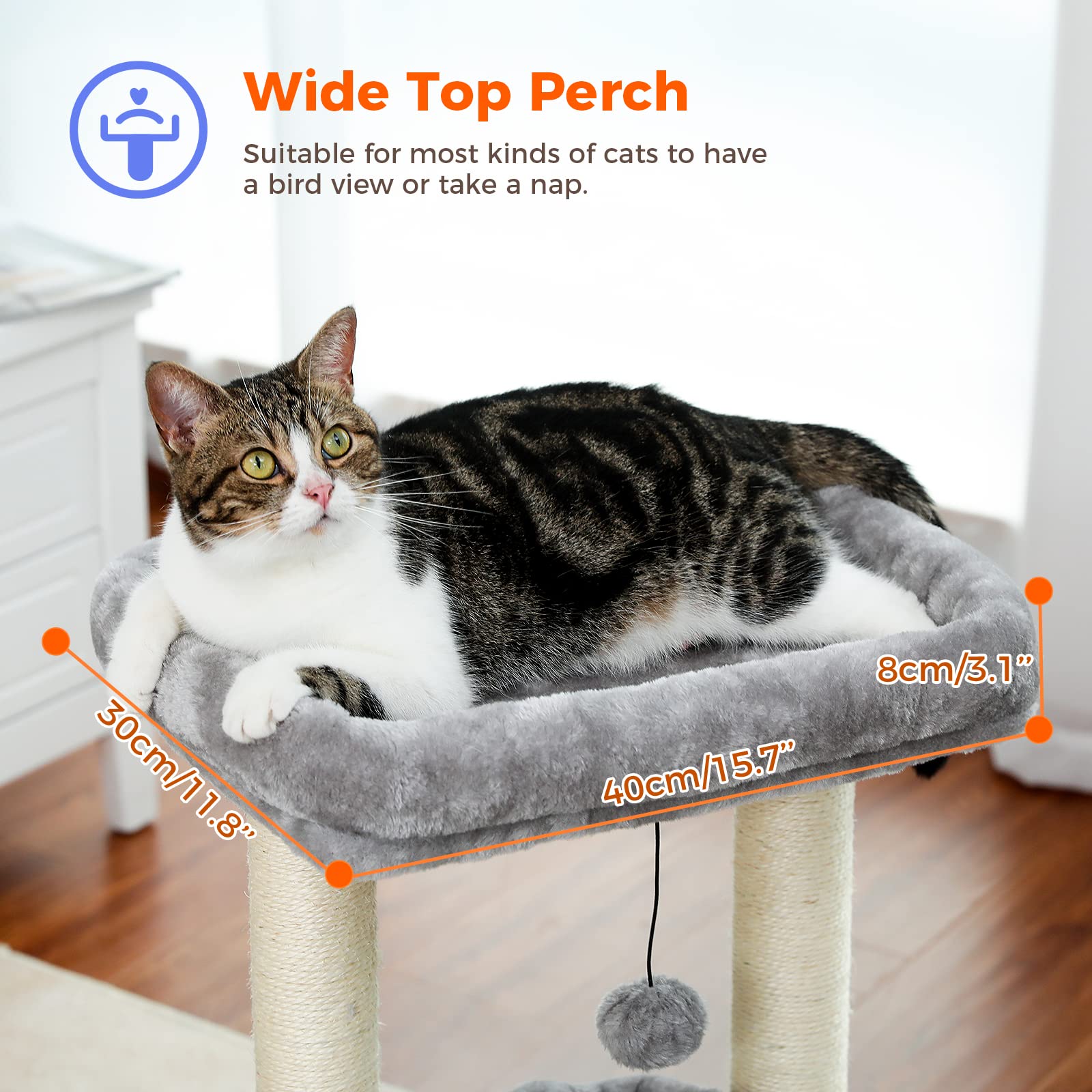 PEQULTI Cat Tree Tower for Indoor Cats, Cozy Condo, Sisal Scratching Posts, 27" Grey, Model AMT0179
