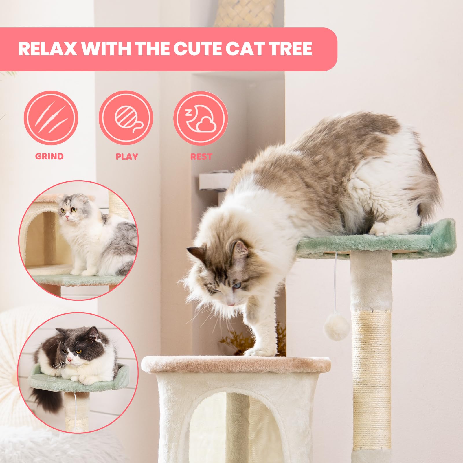 HYABI Flower Cat Tree Tower Condo - 42.7" Multi-Level Plush Habitat with Scratch Posts & Toy Ball for Indoor Cats, Model HB-22023