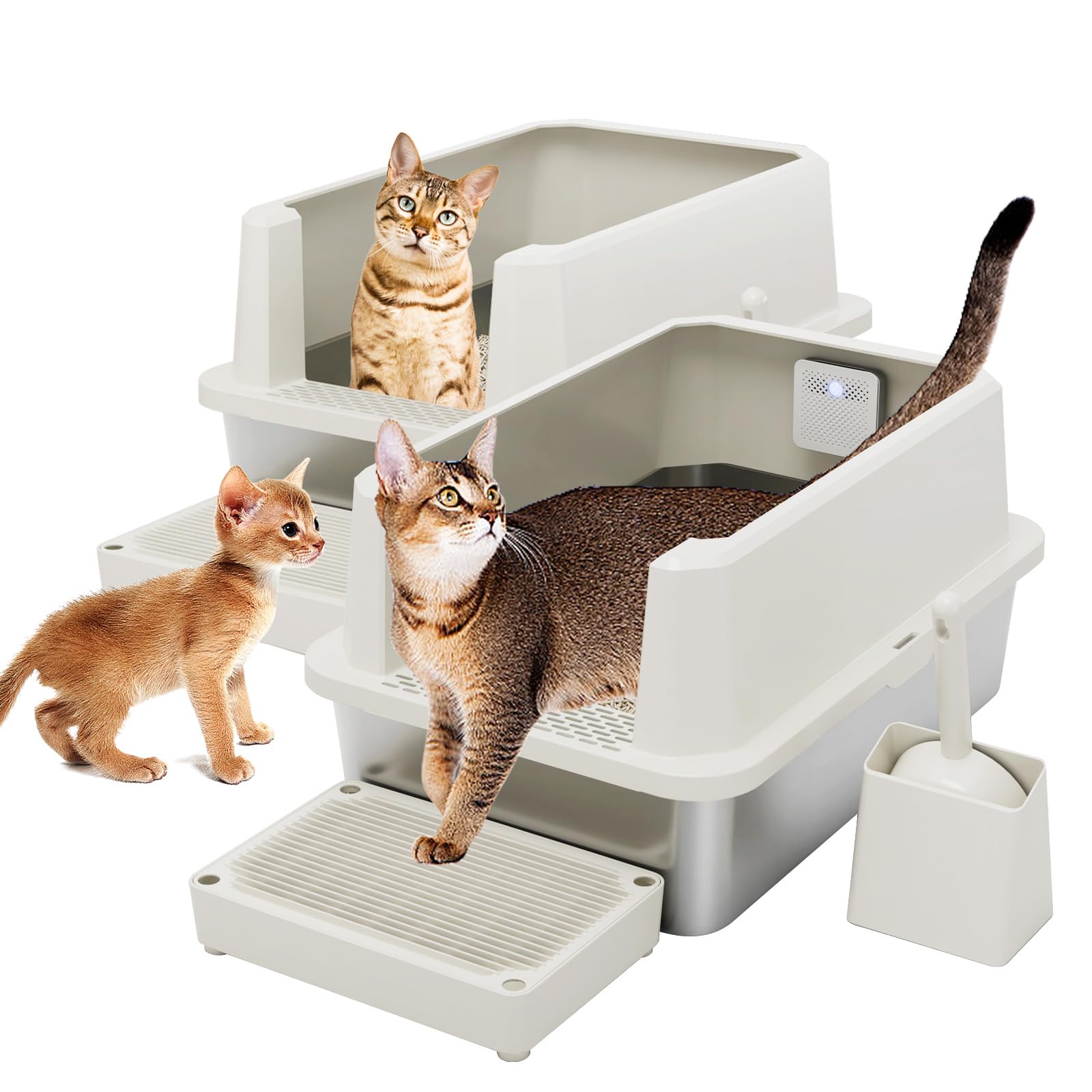 RIZZARI Stainless Steel Litter Box: Beige Leakproof Open Top Tray - Heavy Duty - Odor Resistant- Teflon Non-Stick Coating Cleani