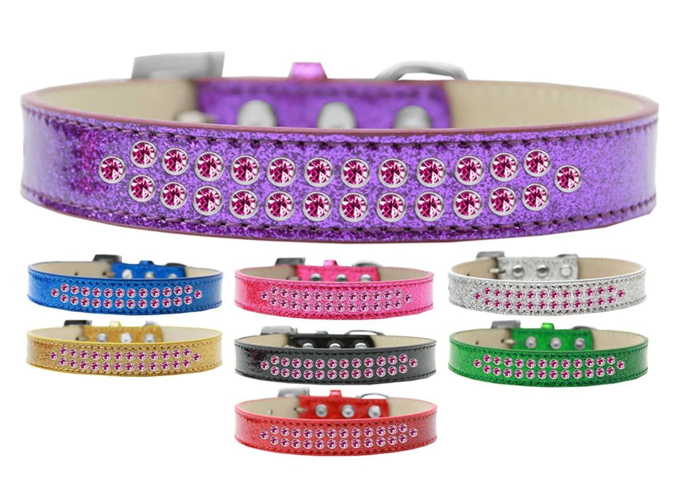 Dog, Puppy & Pet Ice Cream Collar, Two Row Bright Pink Crystal Rimsets Silver 12