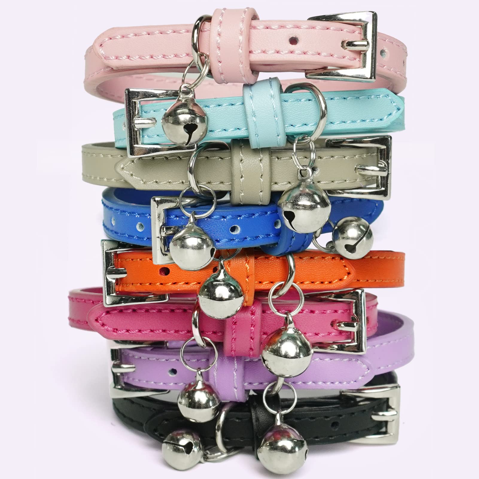 Pupteck 2 Pcs Soft Leather Cat Kitten Collar With Bells Adjustable For Girl Boy Cats Puppy - Orange, Purple