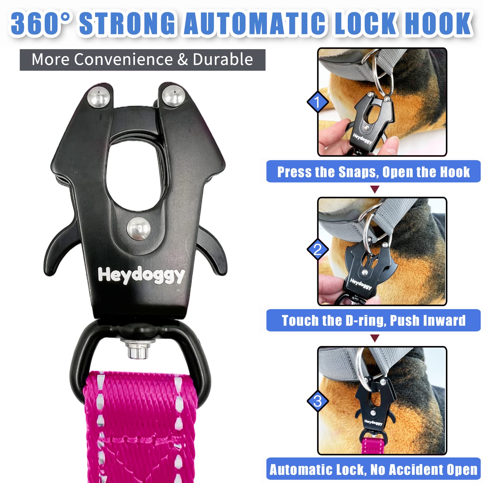 Strong Heavy Duty Dog Leash - 6Ft Reflective Nylon Training Leash With Soft Padded Double Handle & Auto Lock Frog Clip, Safety T