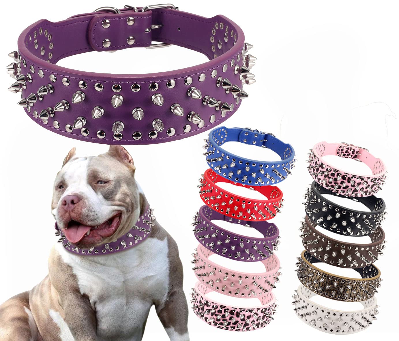 Btdcfy Hoot Pu Leather Adjustable Spiked Studded Dog Collar 2' Wide 37 Spikes (M(Neck 19'-22'), Purple)