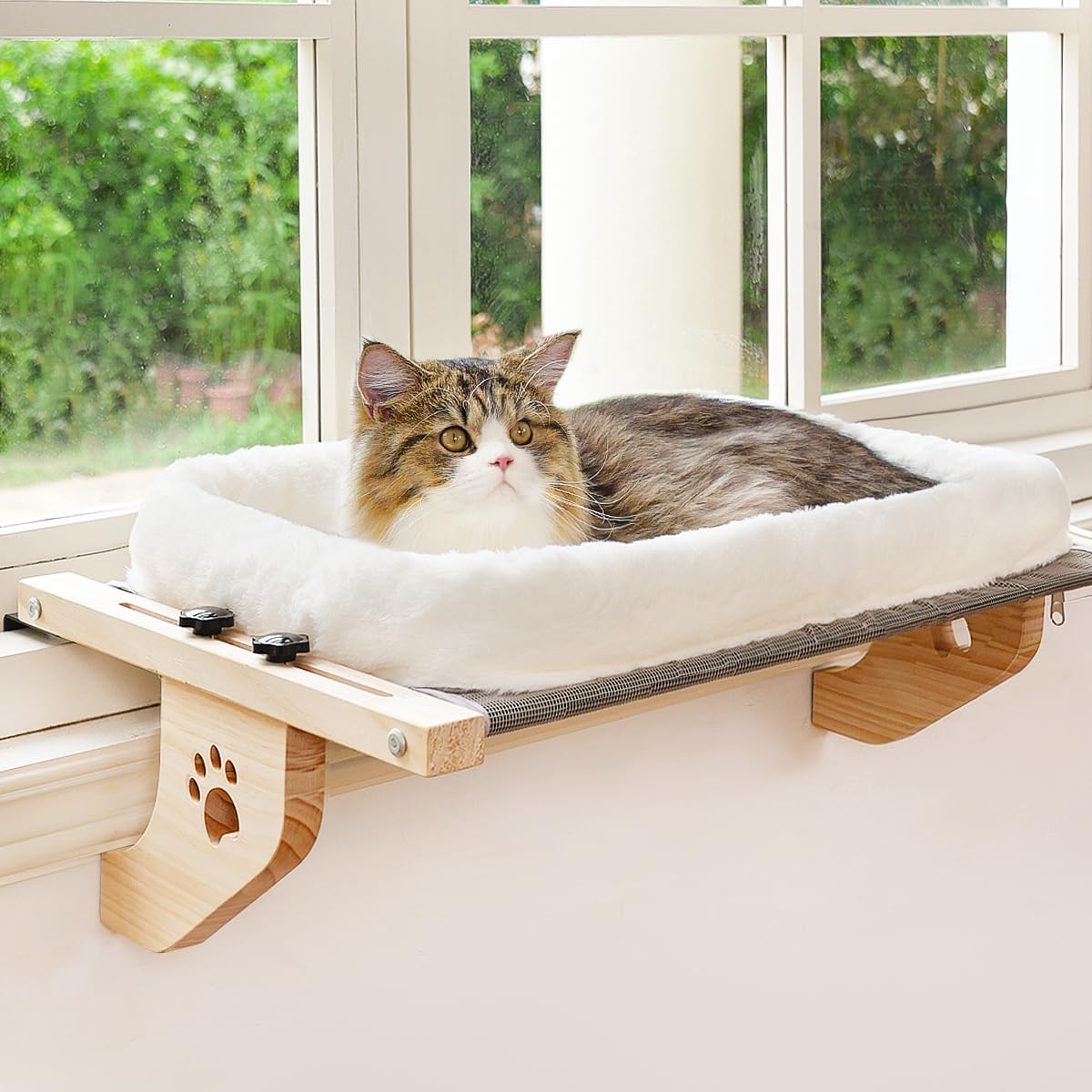 AMOSIJOY Cat Sill Window Perch Sturdy Hammock Window Seat with Cushion Bed Cover, Wood & Metal Frame for Large Cats, Easy to Adj