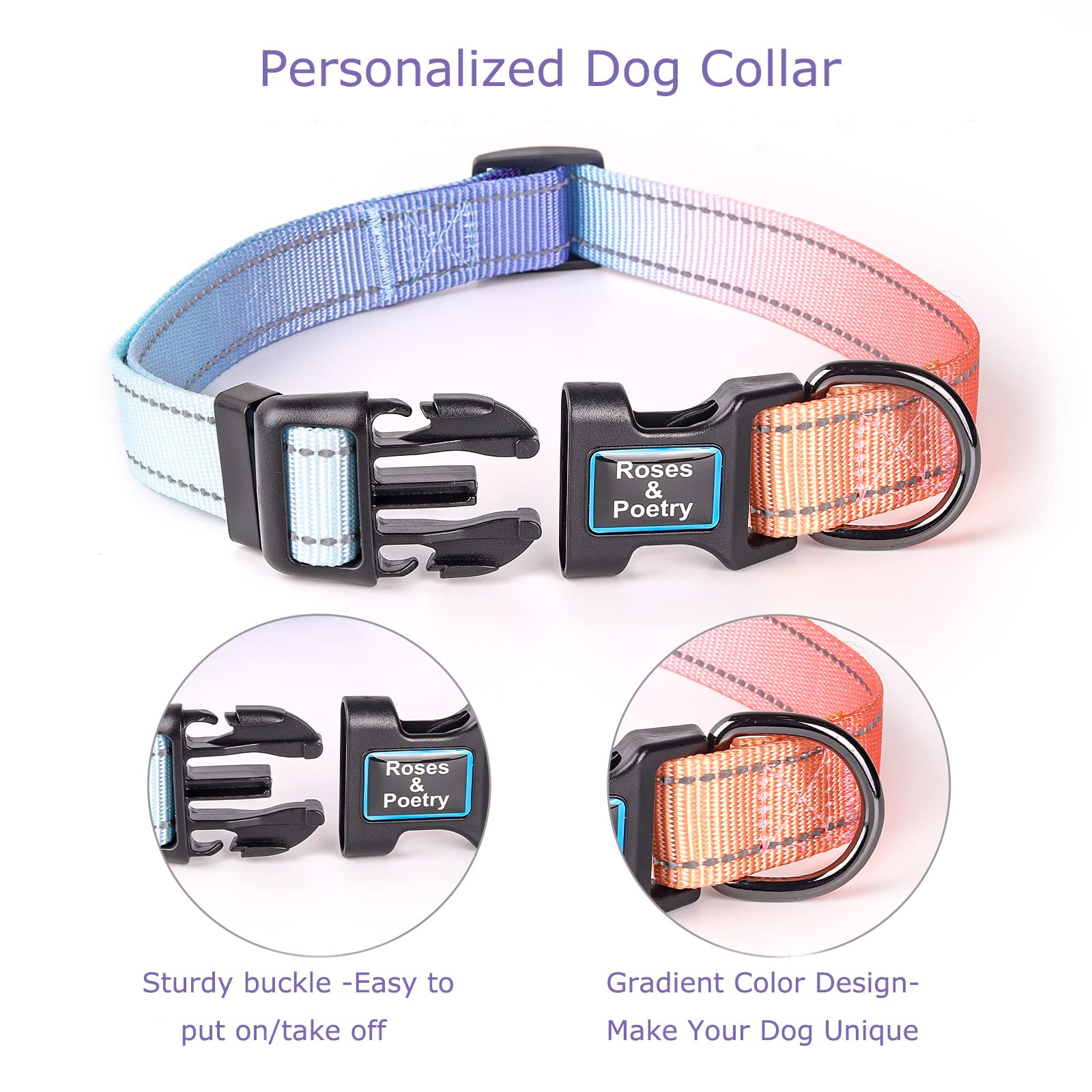 Roses&Poetry Reflective Dog Collar With Gradient Azure, Adjustable Durable Pet Collars For Small Medium Large Dogs (Azure-M
