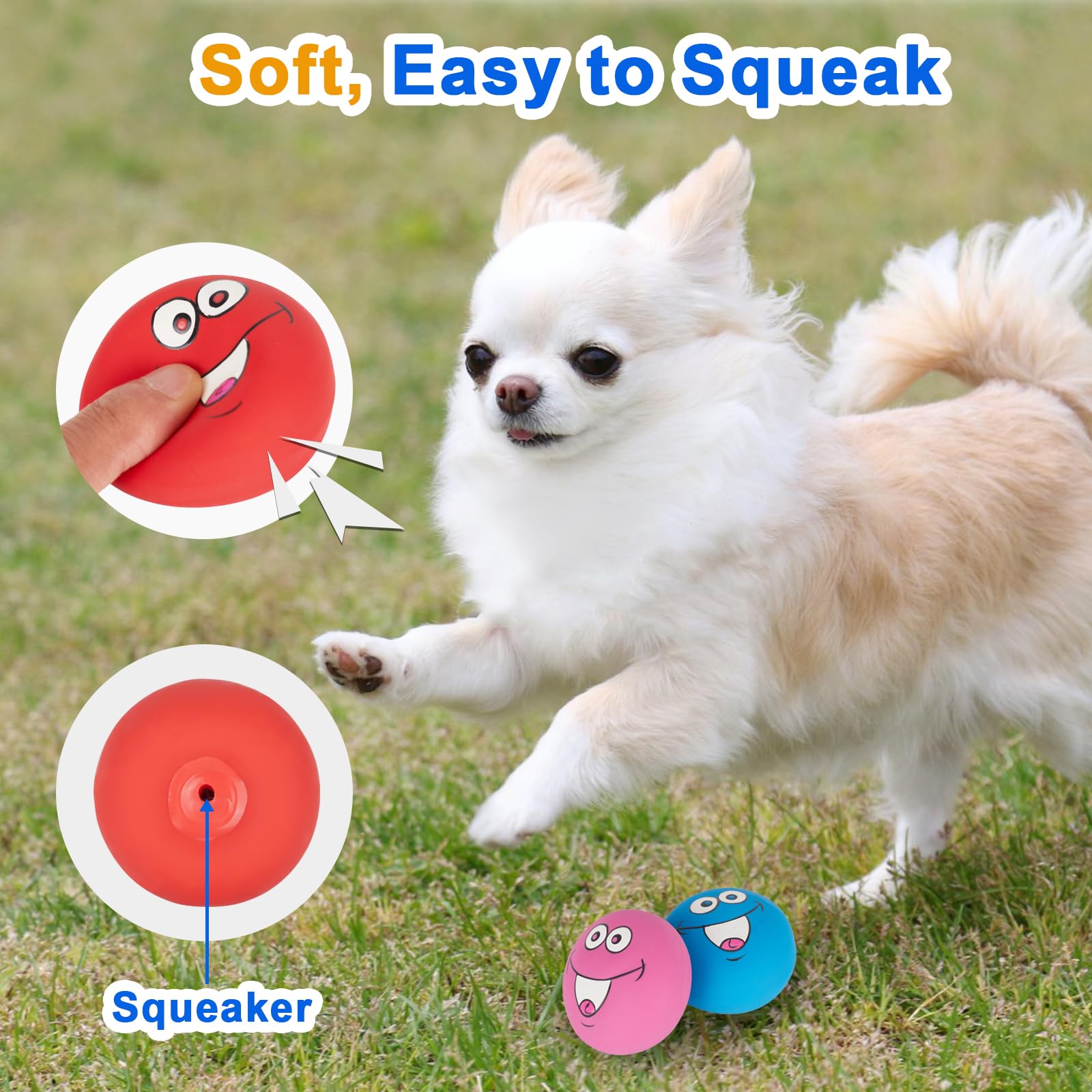 gulucute Latex Dog Squeaky Toys - Smile Face Balls, Natural Rubber, Interactive Fetch Play, 6 PCS for Small Dogs