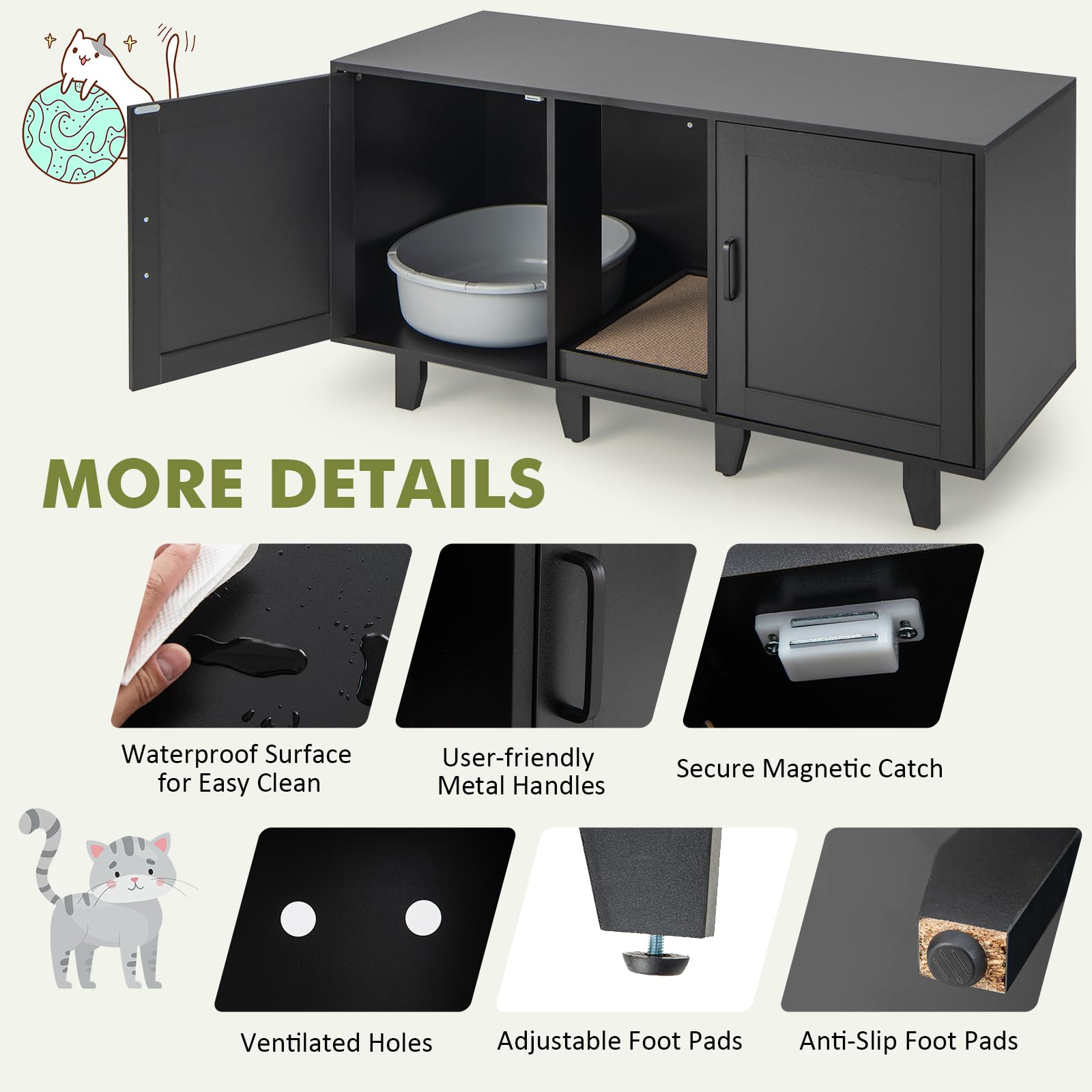 Tangkula Double Cat Litter Box Enclosure For 2 Cats, Large Stackable Hidden Privacy Cat Washroom Cabinet With Scratching Board, Indoor Cat House Tv Stand Side Table, Litter Box Furniture (Black)