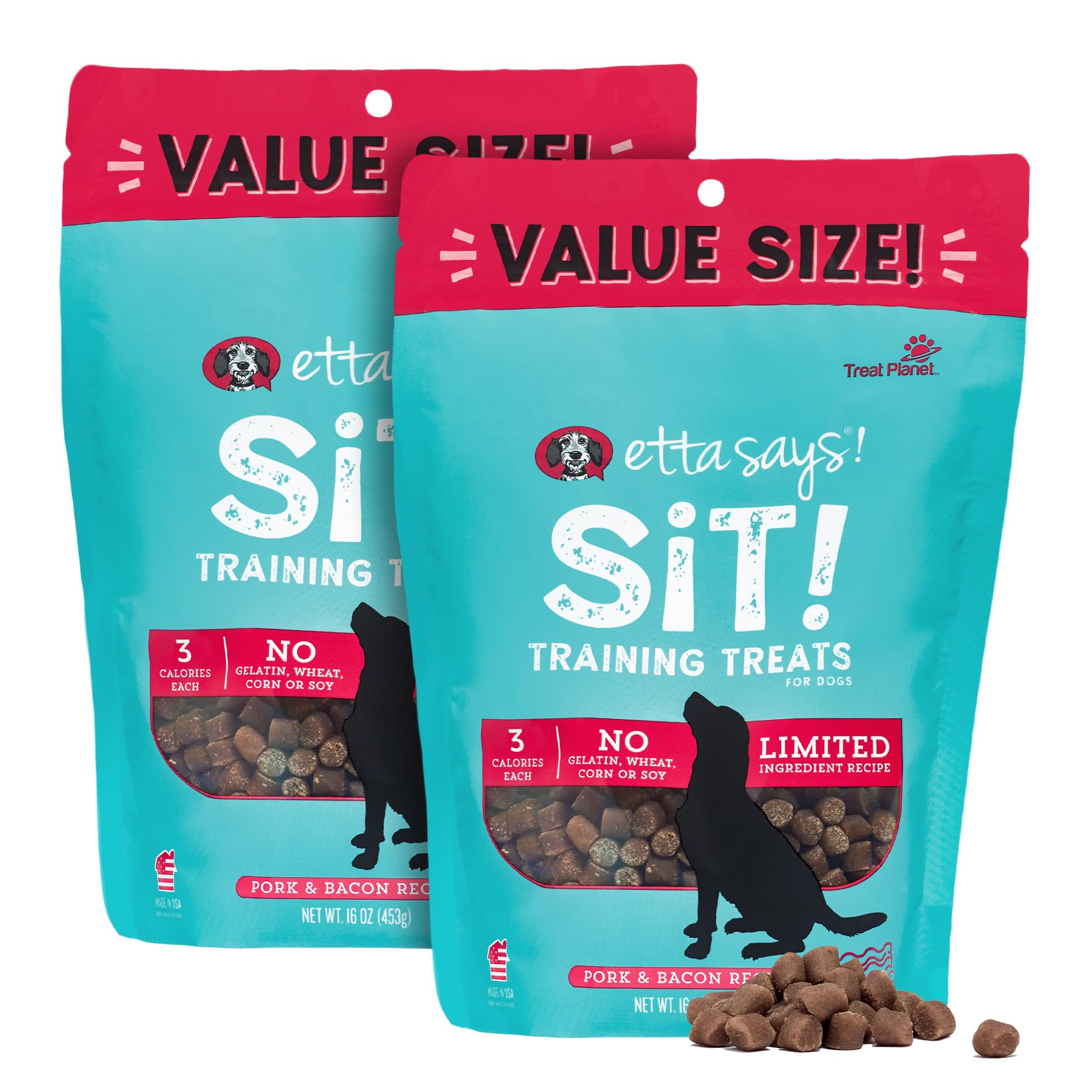 etta says! Sit Training Treats - All Natural Pork and Bacon Soft Treats for Dogs - Made in The USA - 2 Pack
