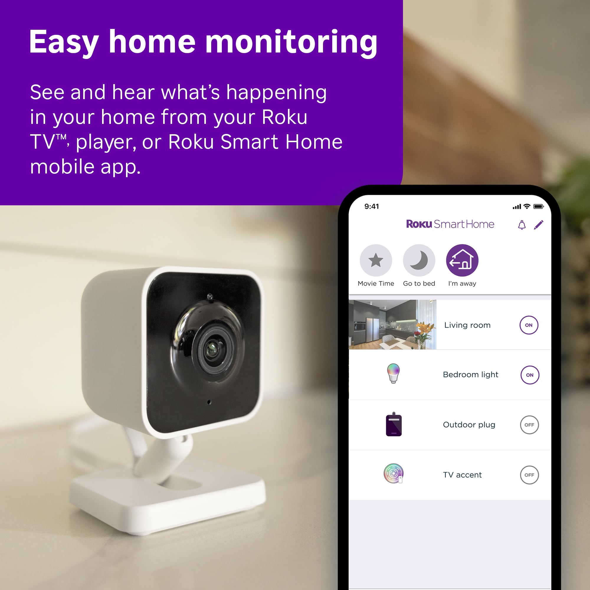 Roku New Indoor Camera 2024 - Home Security - 1-Pack - Wired Security Camera & Pet Monitor with 1080p HD Color Night Vision, Wor