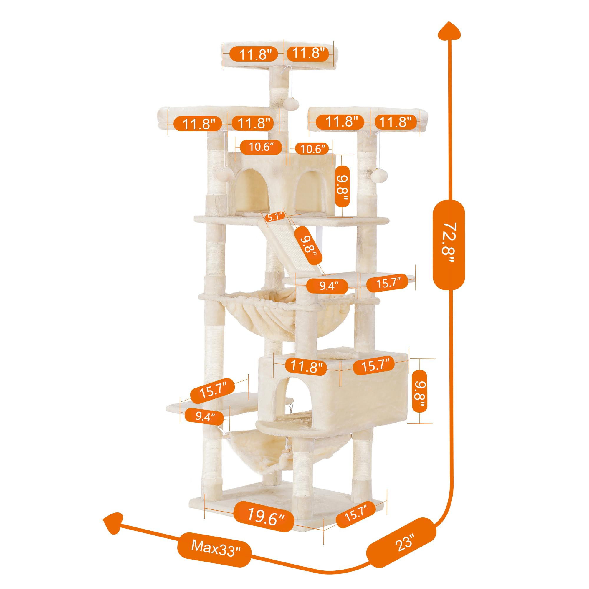 Heybly Cat Tree, 73 Inches Tall Cat Tower For Large Cats 20 Lbs Heavy Duty For Indoor Cats,Big Cat Furniture Condo For With Padded Plush Perch, Cozy Basket And Scratching Posts Beige Hct030M