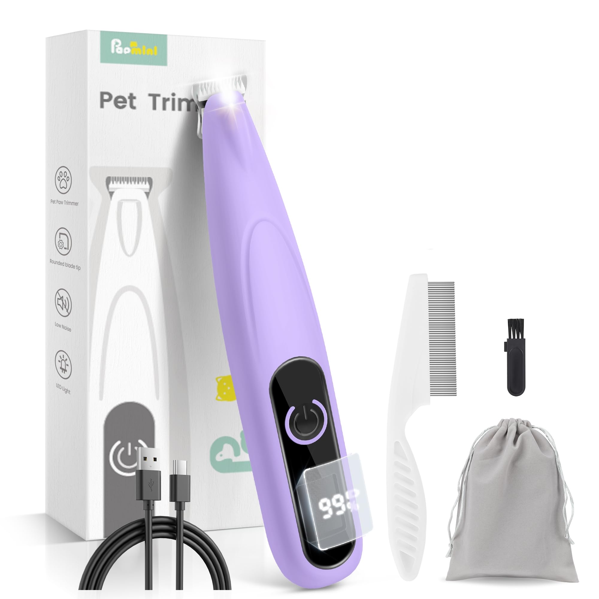 Papmini Dog Clippers With Led Display, Ultra-Low Noise, Cordless Dog Paw Trimmer For Paws, Ears, Face, Rump
