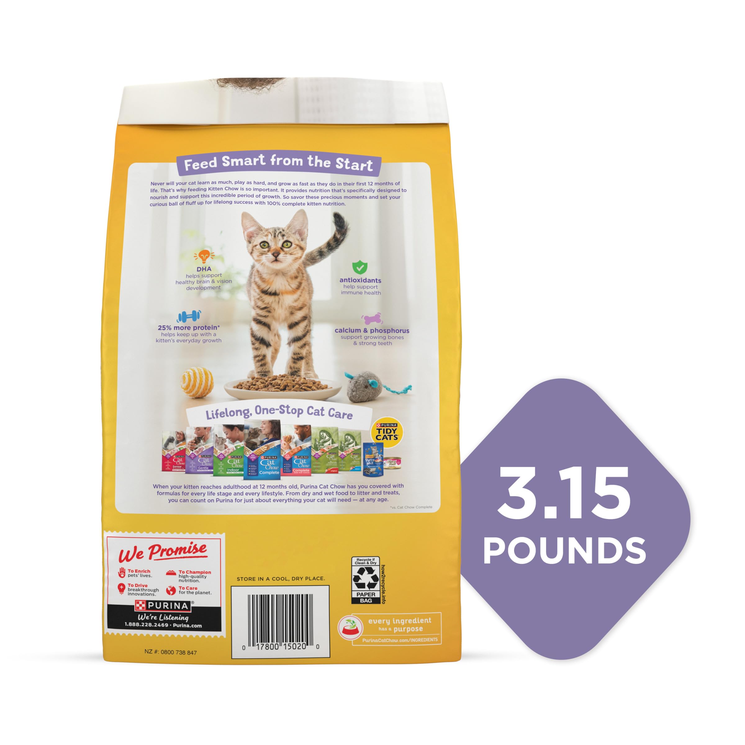 Purina Kitten Chow Kitten Food Healthy Development with Real Chicken Dry Kitten Food - (Pack of 4) 3.15 Lb. Bags