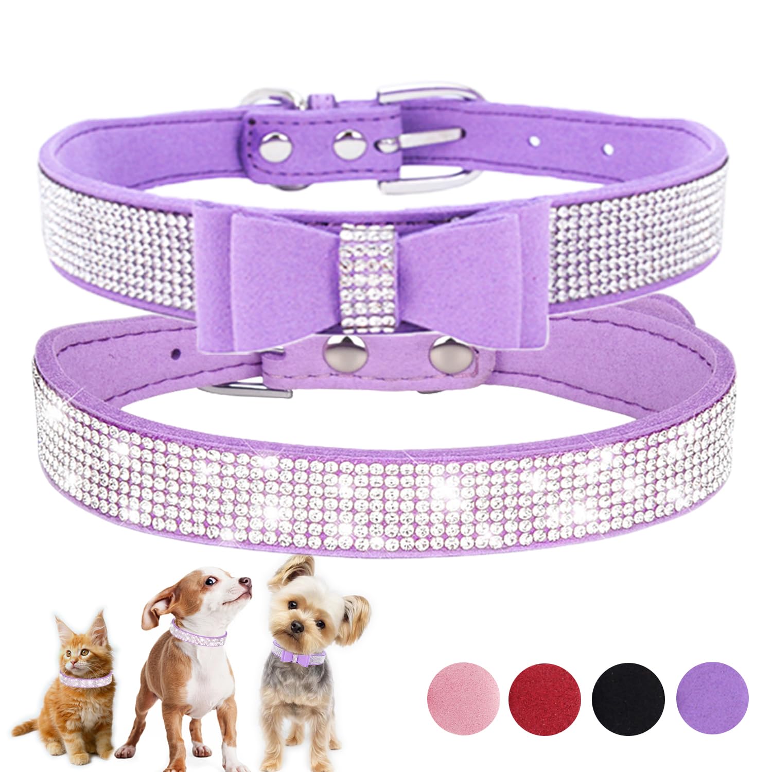 Purple Diamond Dog Collars For Medium Dogs, 2-Pack Bling Dog Collar Soft Suede Glitter Rhinestone Jewelry Crystal Female Puppy C