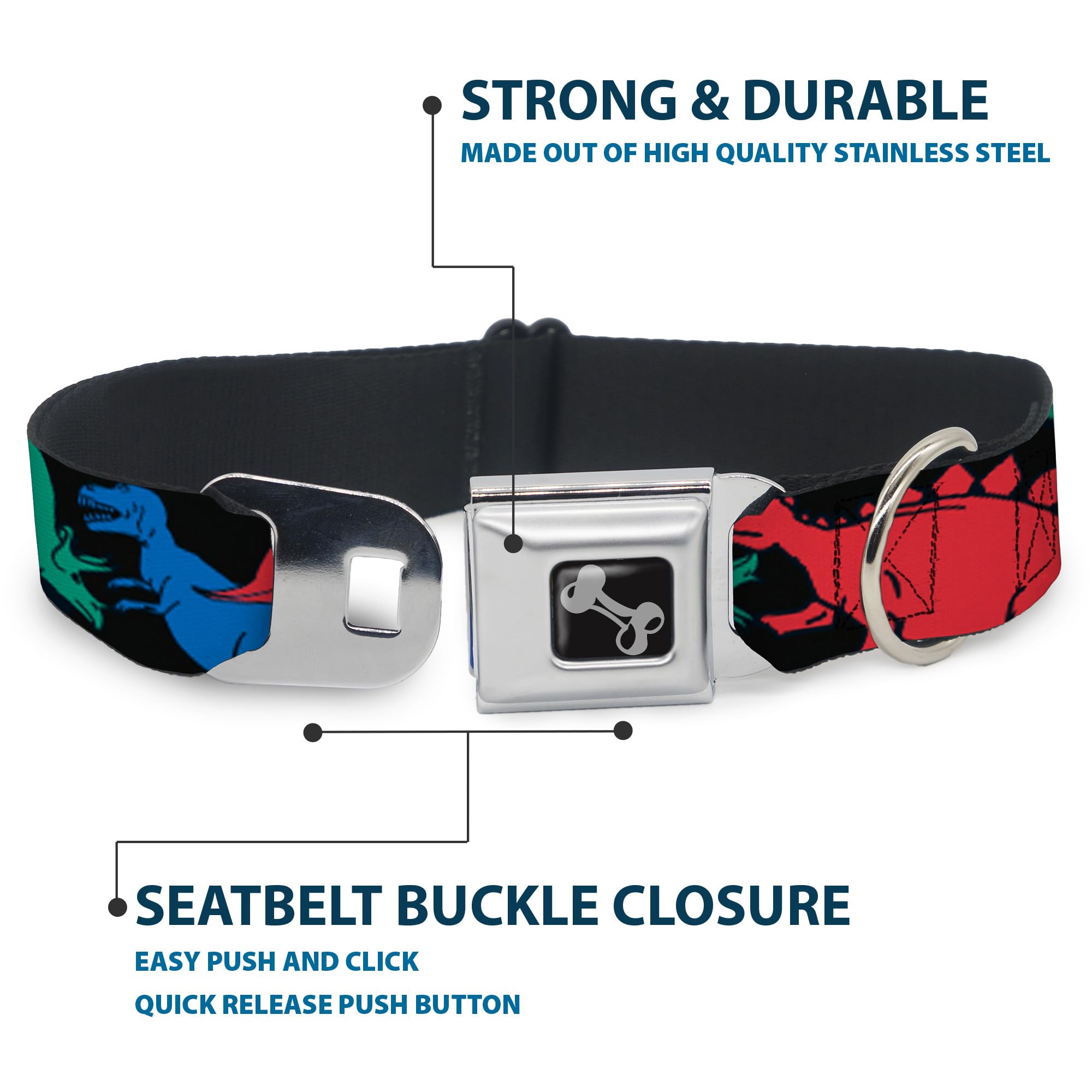 Buckle-Down Seatbelt Buckle Dog Collar - Dinosaurs Black/Multi Color - 1.5' Wide - Fits 16-23' Neck - Medium