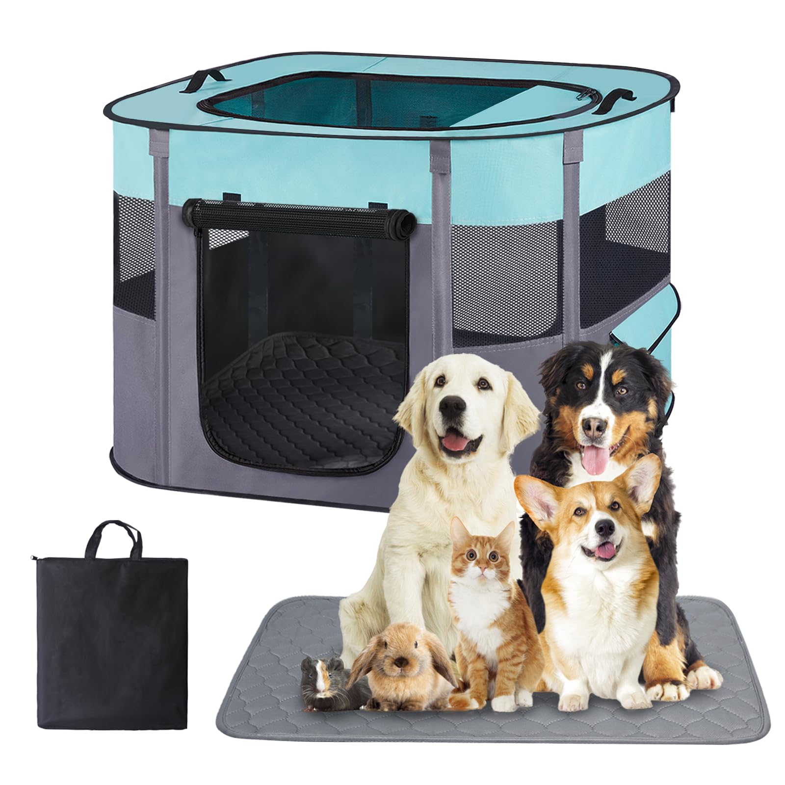 Portable Dog Cat Playpen with Waterproof Pad,Collapsible Pet Puppy Kitten Crate,Foldable Small Animals Kennel Cage for Indoor Ou