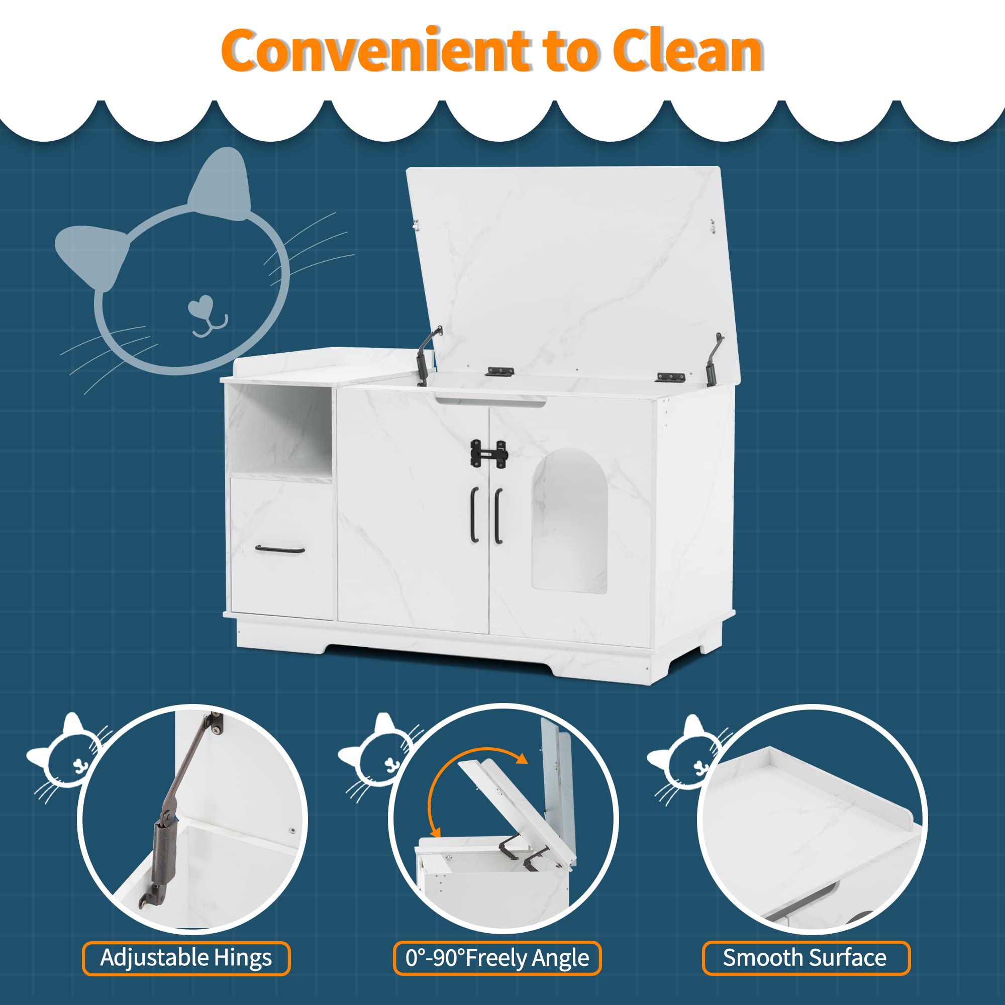 MCombo X-Large Cat Litter Box Furniture, White Engineered Wood Enclosed Cat House with Drawer, Model 6012-CT74DW