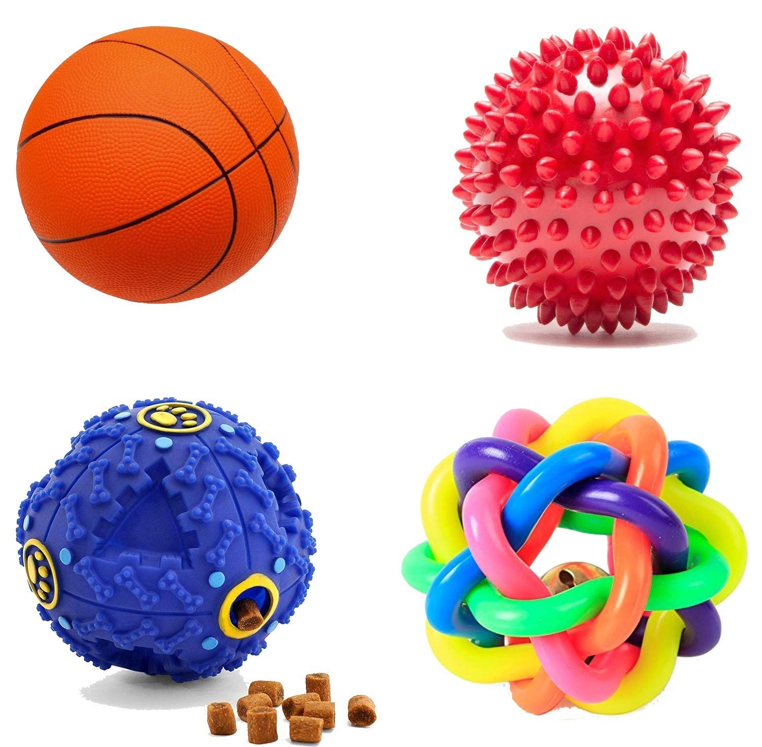 Black Dog 4 Pack Toys For 100% Durable Squeaky Toys Ring Ball Toys & Basket Ball Toys & Treat Dispenser Ball Toys & Clean Teeth 