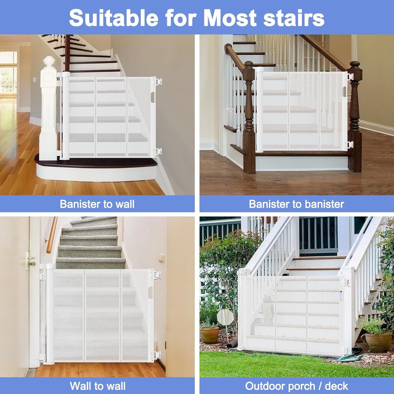 BETERTEK Reinforced Retractable Child Gate for Stairs, 33" x 80", White, Model HY-A127, Extra Wide for Dogs and Toddlers