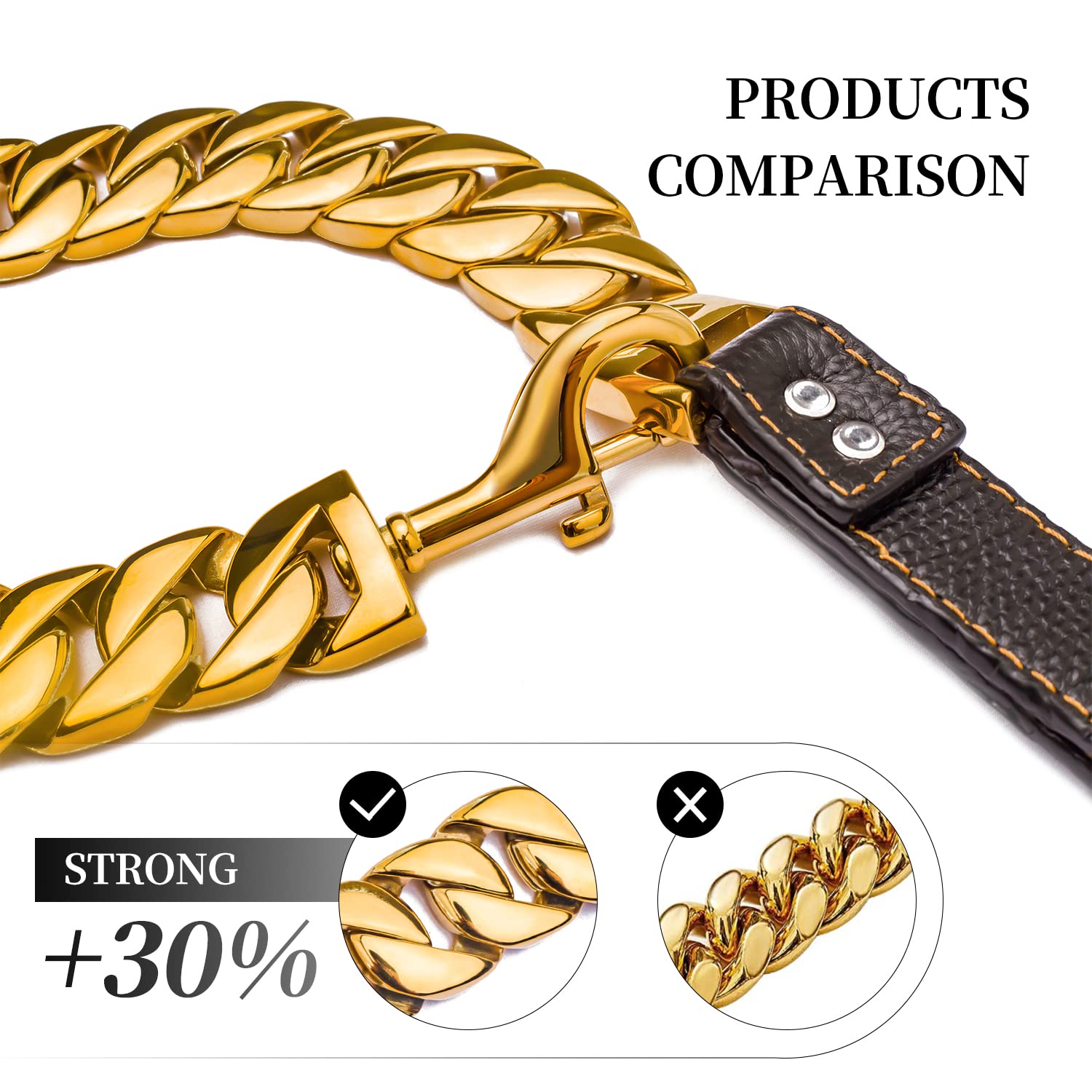 Big Chew Proof Dog Leash for Large Dogs, txprodogchains 32MM Thick Gold Chain Leash Heavy Duty Chain Dog Leash Stainless Steel D
