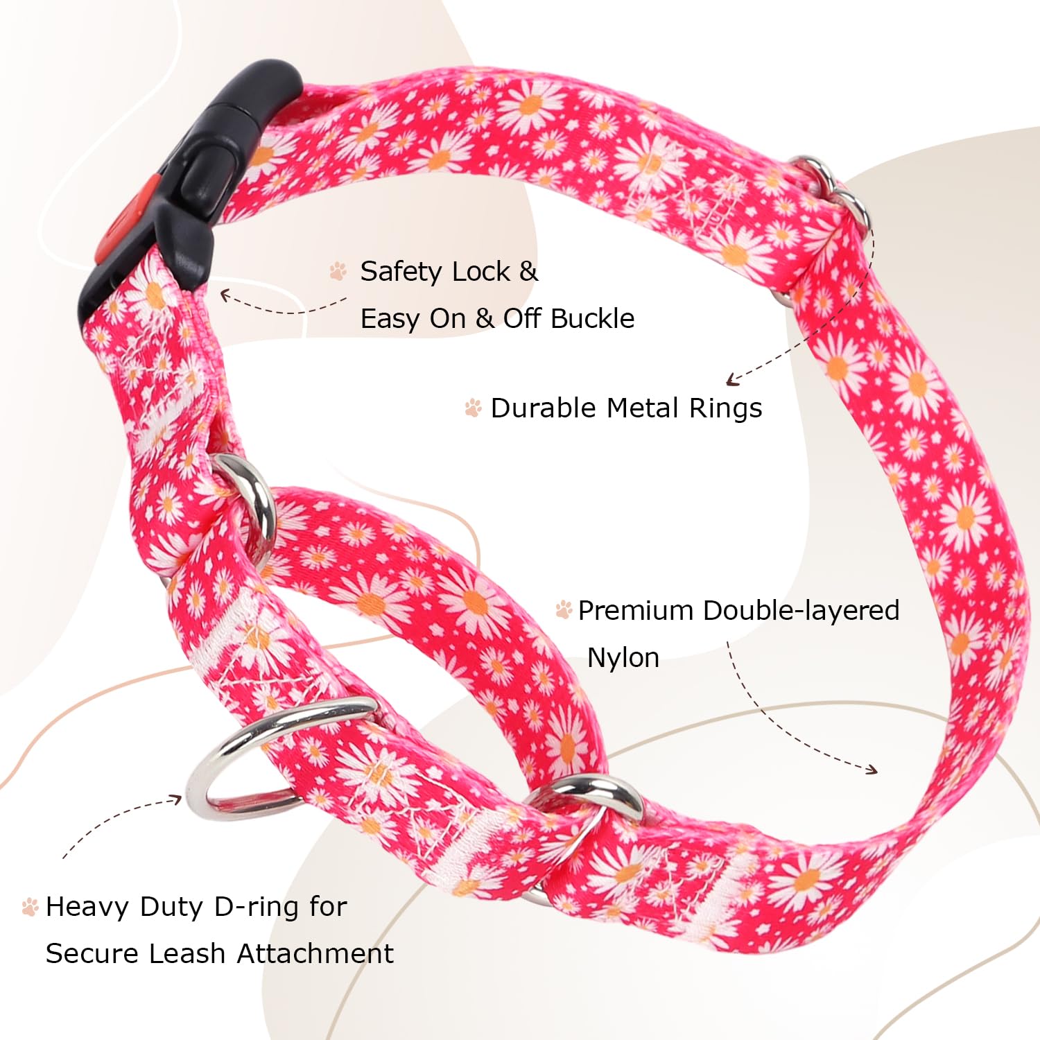 Martingale Collar For Dogs, Rose Daisy Flowers Dog Collar For Small Medium Large Dogs, Adjustable Girl Dog Collars With Quick-Re