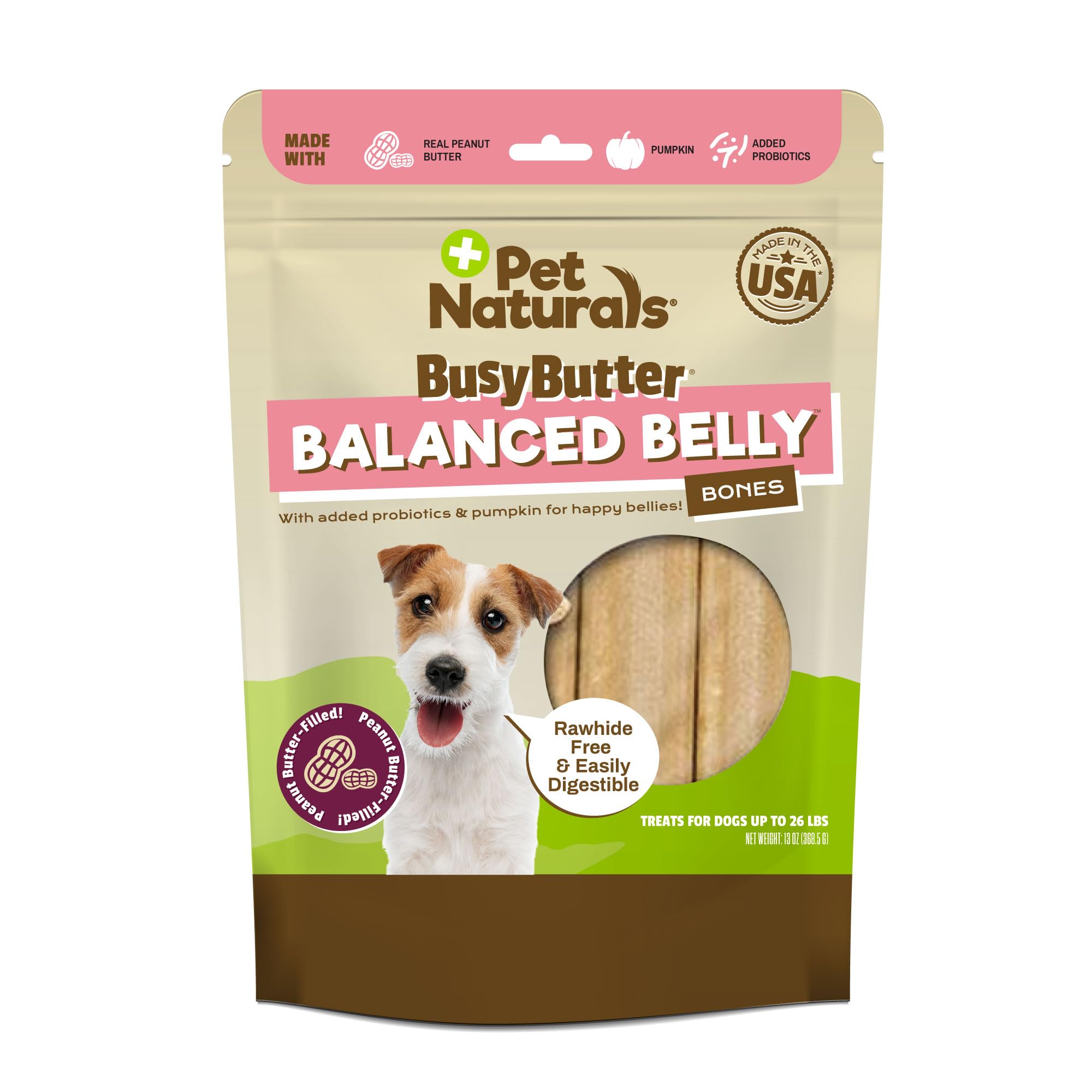 Pet Naturals BusyButter Balanced Belly Peanut Butter Bones, Rawhide-Free Chews for Small Dogs, Long Lasting Chew Bones, Probioti