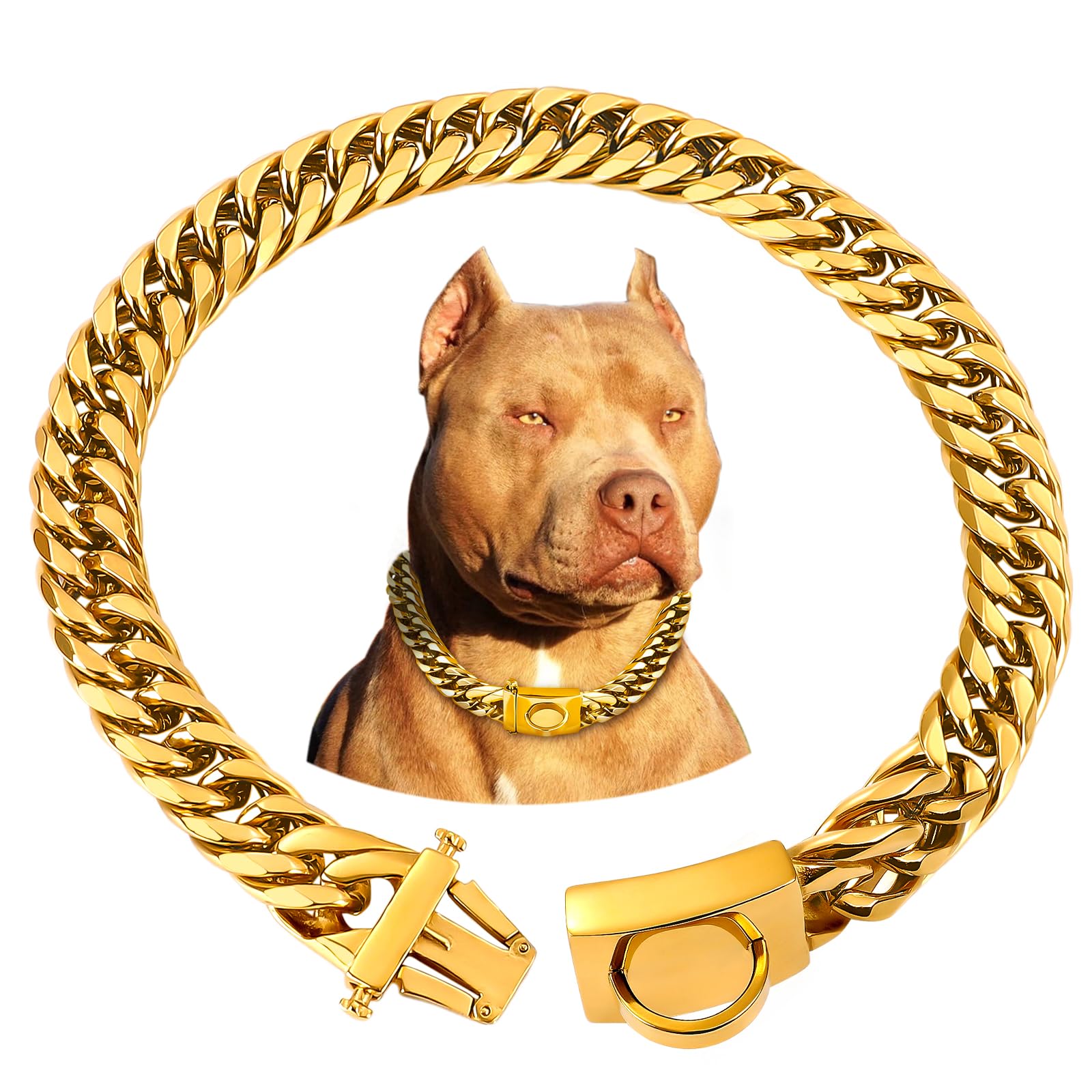 Baobote Silver Chain Dog Collar, 16Mm Heavy Duty Cuban Link Collar With Secure Snap Buckle, Chew Proof For Dogs (16'' Silver)