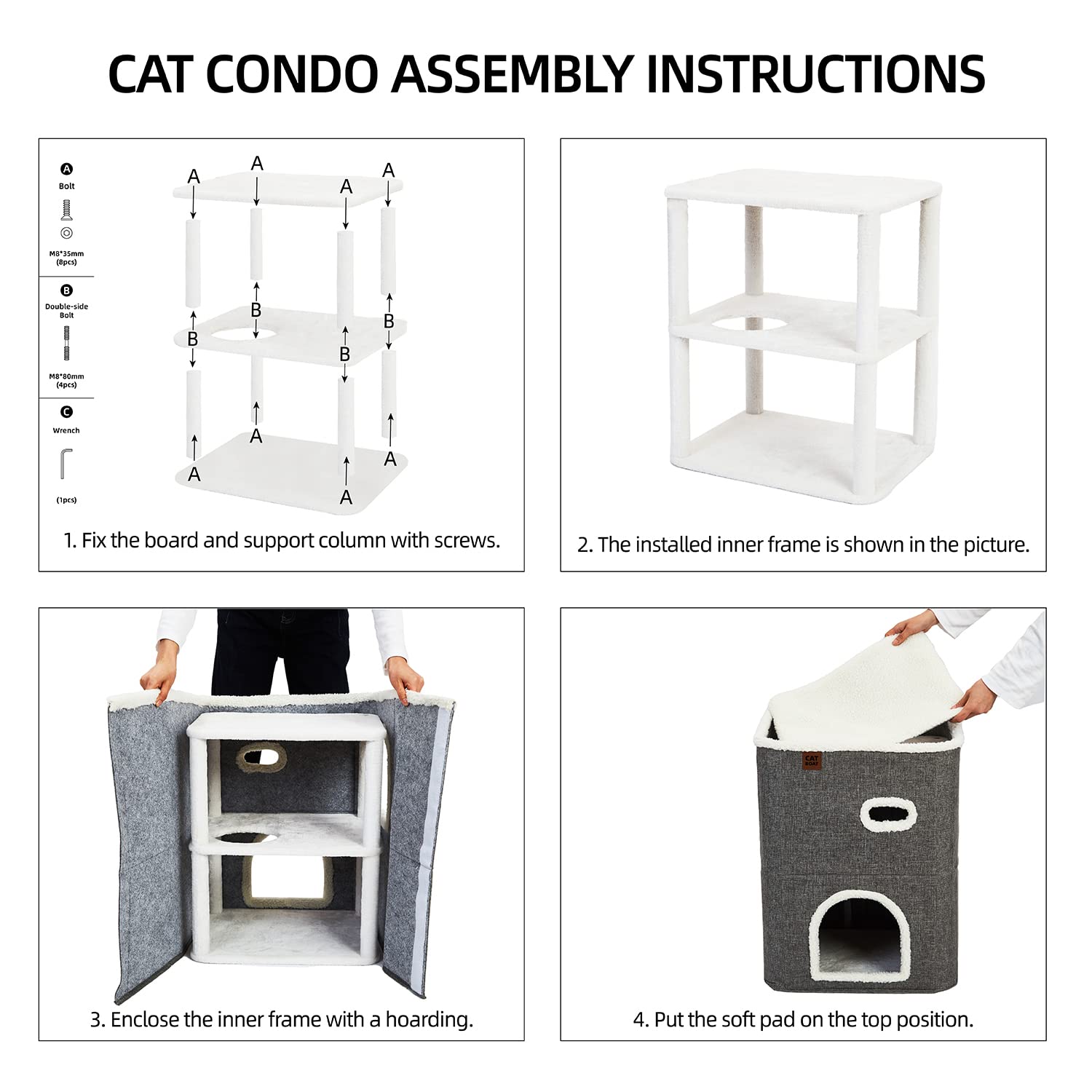Catboat 2-Storey Cat House For Indoor Cats Bed, Covered Beds & Furniture With Scratch Pad And Hideaway Cave, Cute Modern Condo F