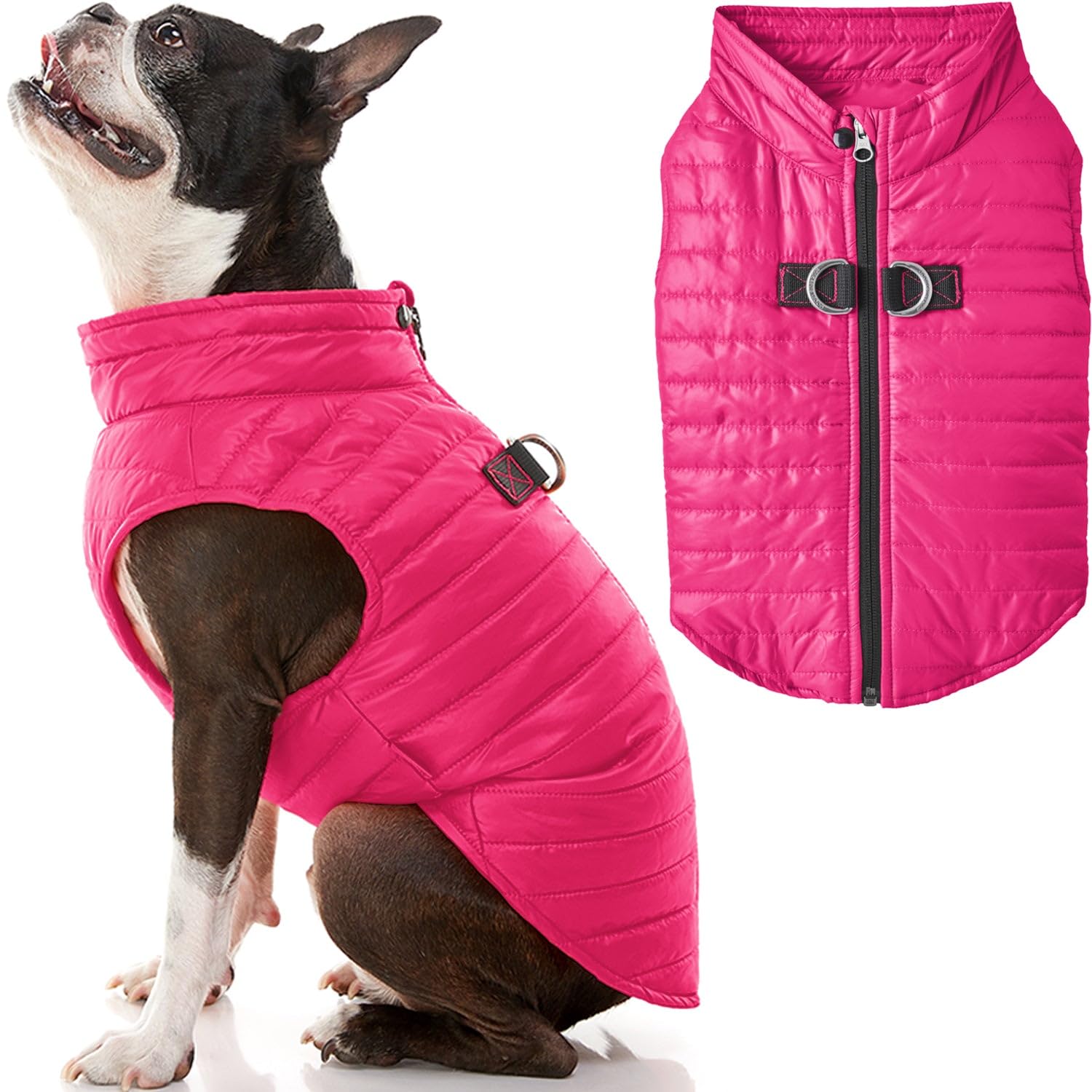 Gooby Puffer Vest Dog Jacket - Pink, X-Large - Ultra Thin Zip Up Wind Breaker With Dual D Ring Leash - Water Resistant Small Dog