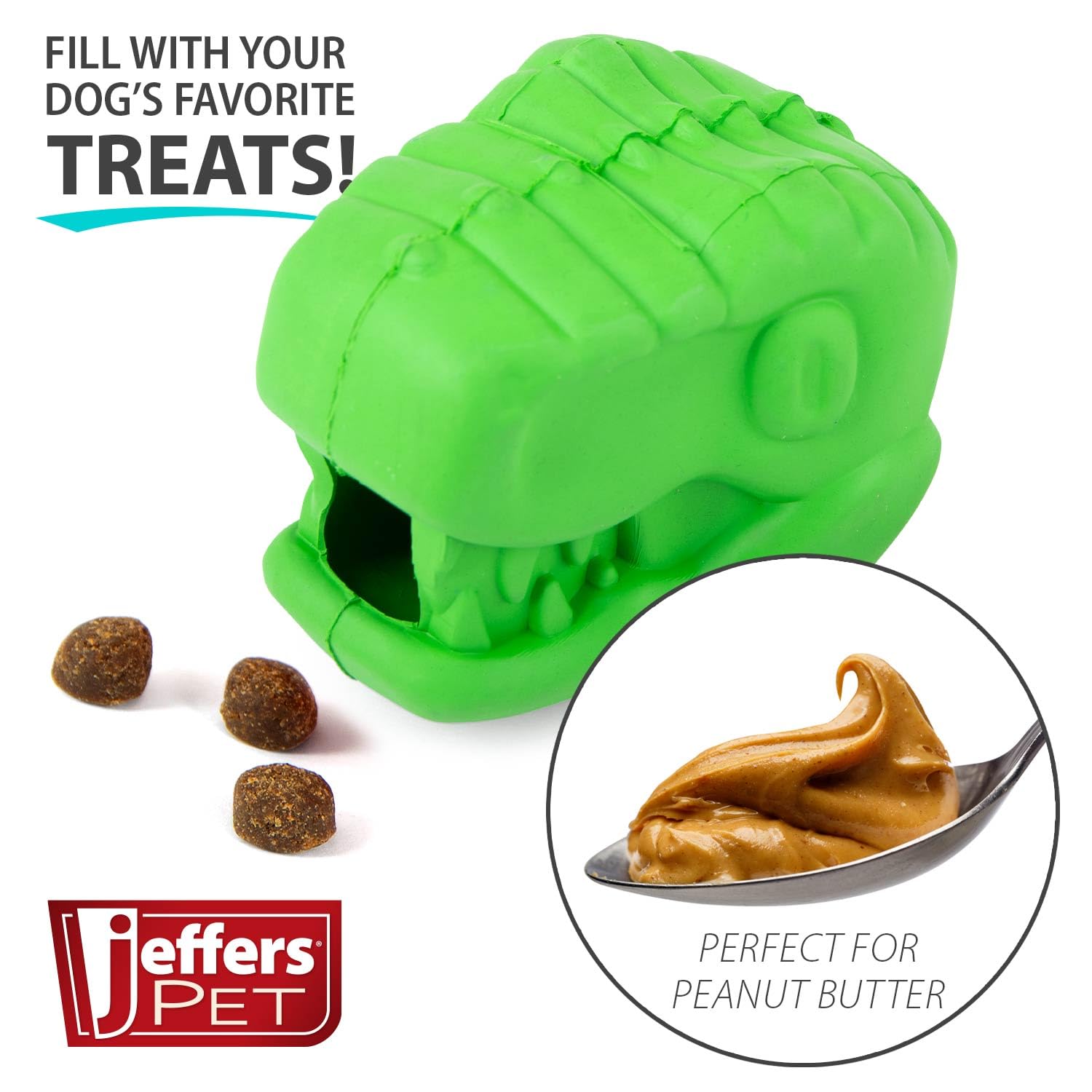 Jeffers Pet Natural Rubber Dog Chew Toy - T-rex Shape, Medium - Treat Dispensing, Vanilla Scent, Durable, Non-Toxic, Dishwasher
