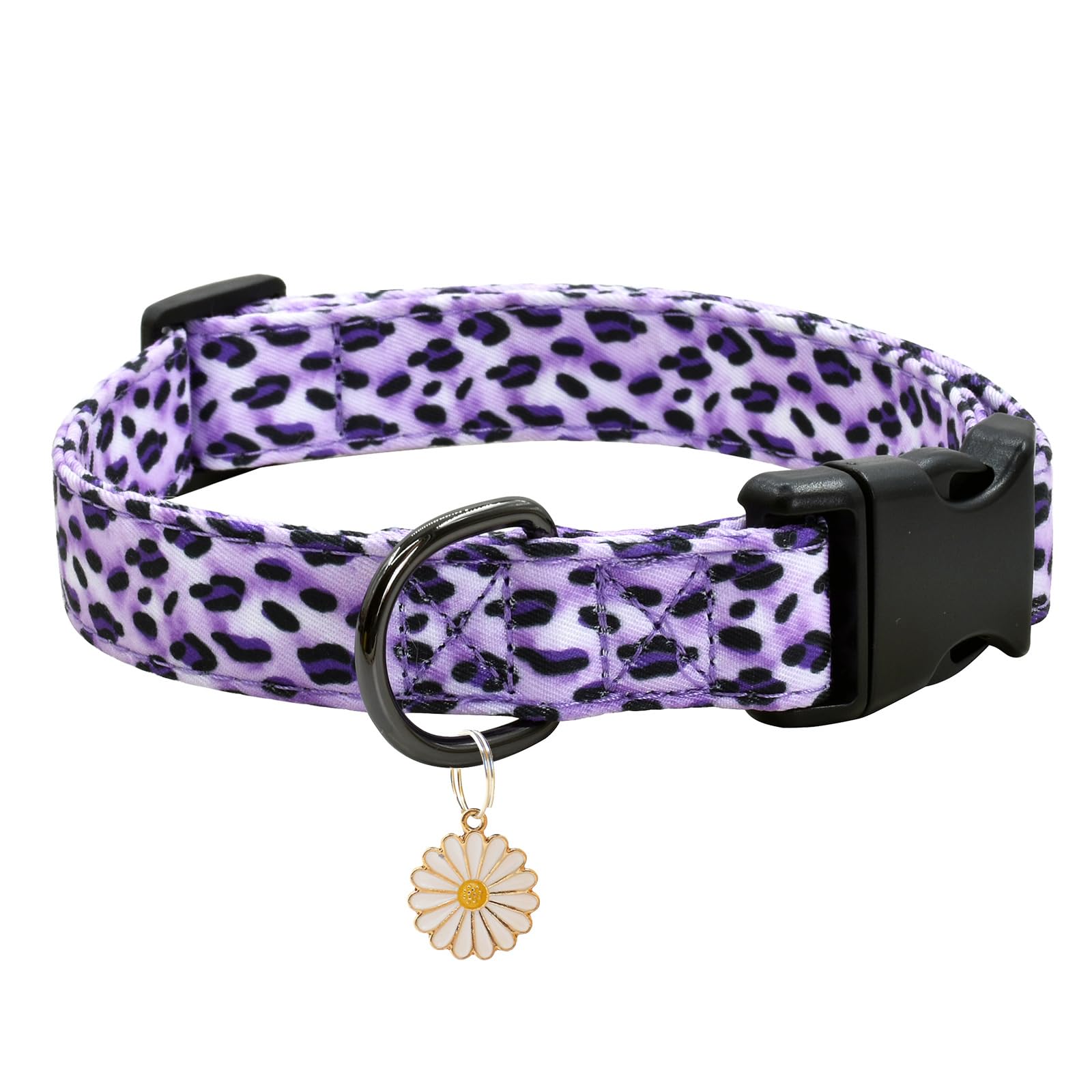 Leopard Patterns Dog Collar With Pendant, Durable And Soft Cotton Dog Collars For Small Large Female And Male Dogs Pets (Purple 