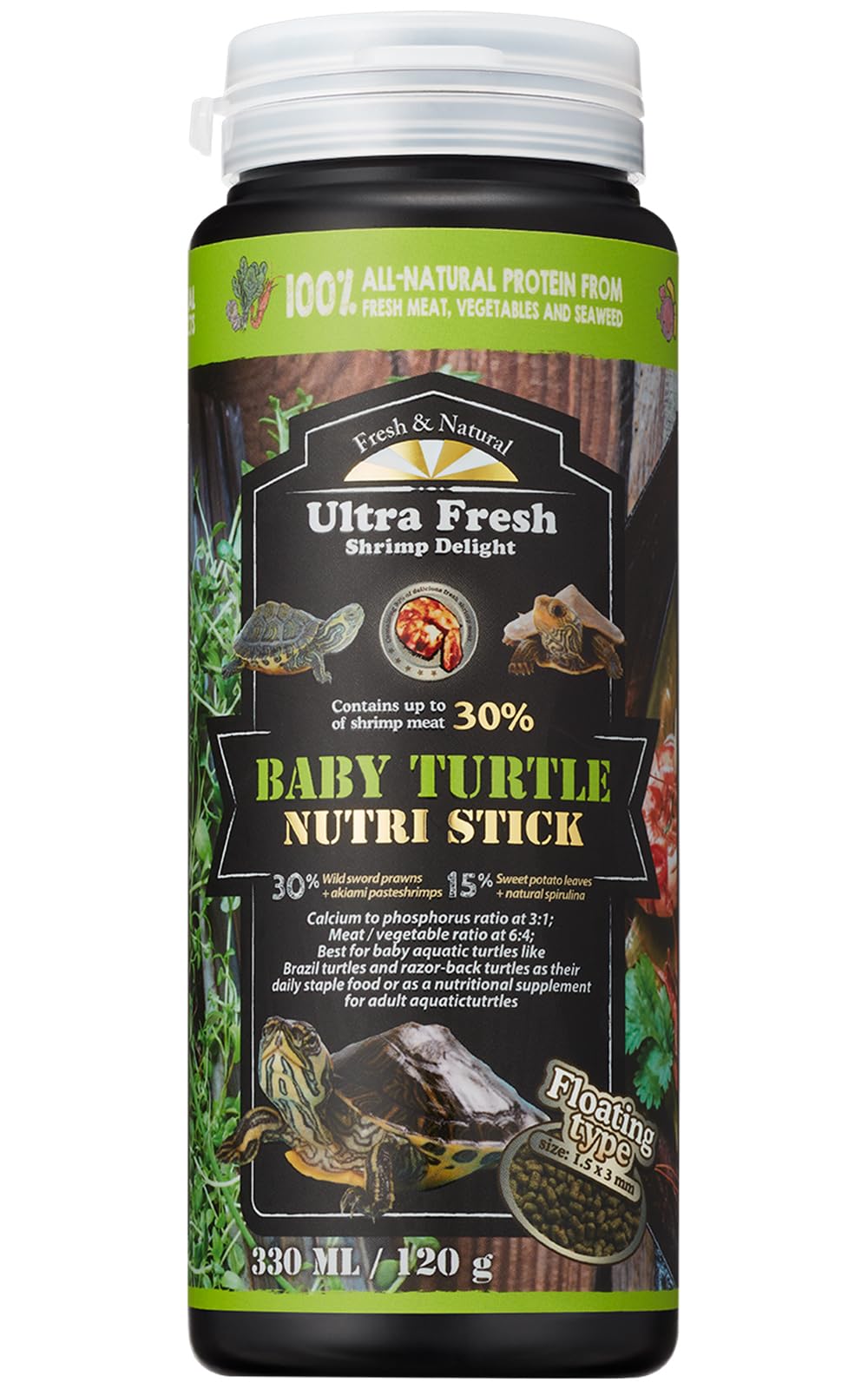 Ultra Fresh Floating Turtle Food, All Natural Ingredients, Wild Sword Prawn, Calcium Vitamin D Enriched for Picky Aquatic Baby T