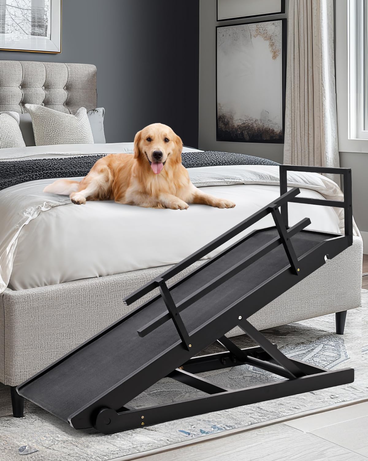Dog Ramp For Bed, Adjustable Pet Ramps For Dogs To Get On Bed, Large Dogs Ramp For High Beds, Safety Dog Ramps With Rail For Cou