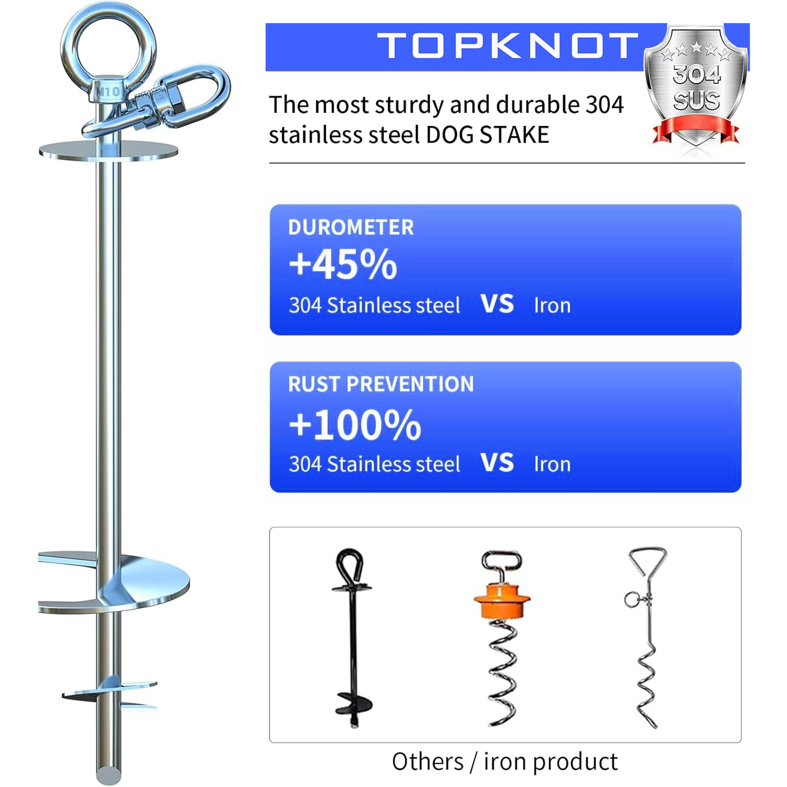 TOPKNOT Dog Tie Out Cable & Stake, 20FT Heavy Duty, 360° Swivel, Up to 200LBS, Silver/Bleu - Ideal for Outdoor Camping