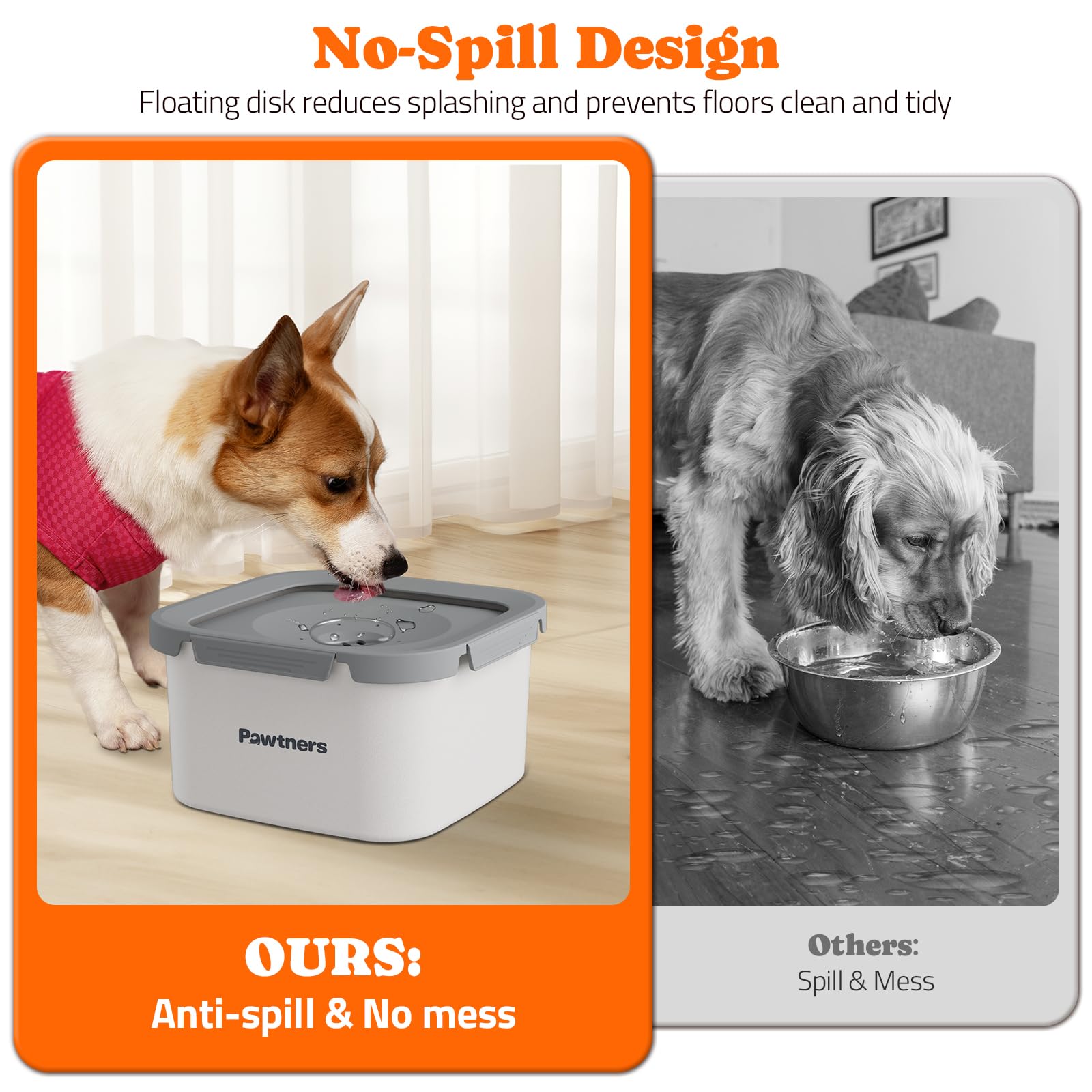 Pawtners Dog Water Bowl No Spill 4.5L Stainless Steel Slow Feed White, 10.2x10.2x4.5 Inch, Non-Slip Base for Medium Large