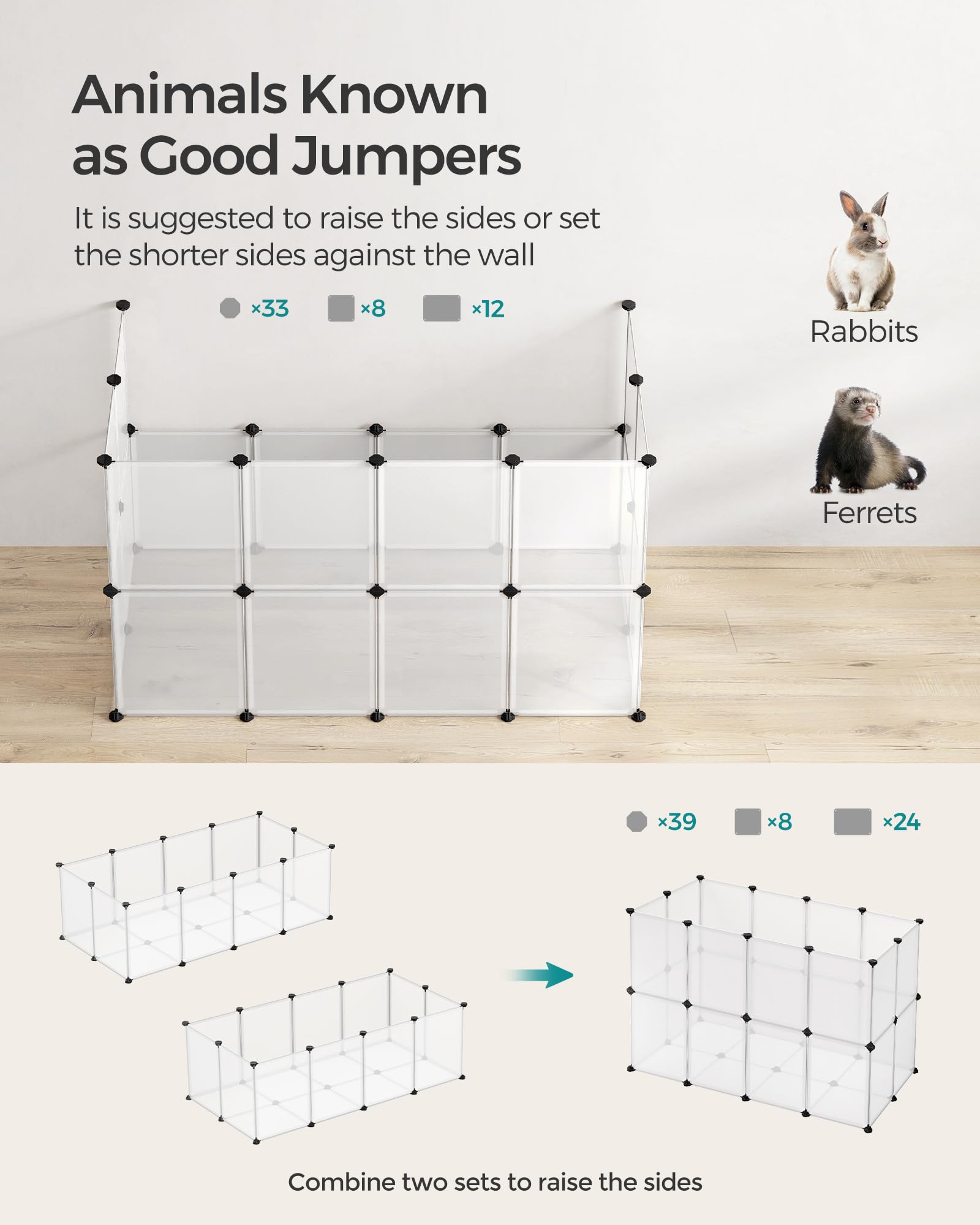 SONGMICS Pet Playpen, DIY Plastic Enclosure for Small Animals, 56.3"x28.7"x18.1", White, Model ULPC02W