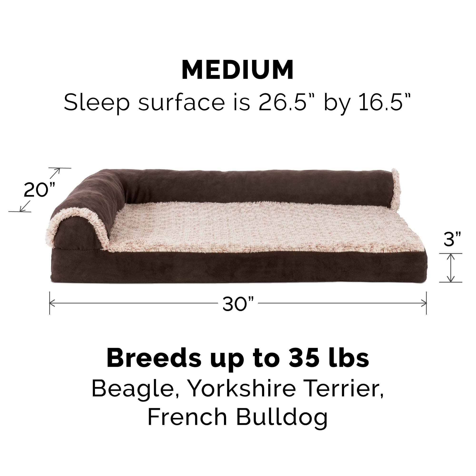 Furhaven Medium Orthopedic Dog Bed Two-Tone Faux Fur & Suede L Shaped Chaise W/ Removable Washable Cover - Espresso, Medium