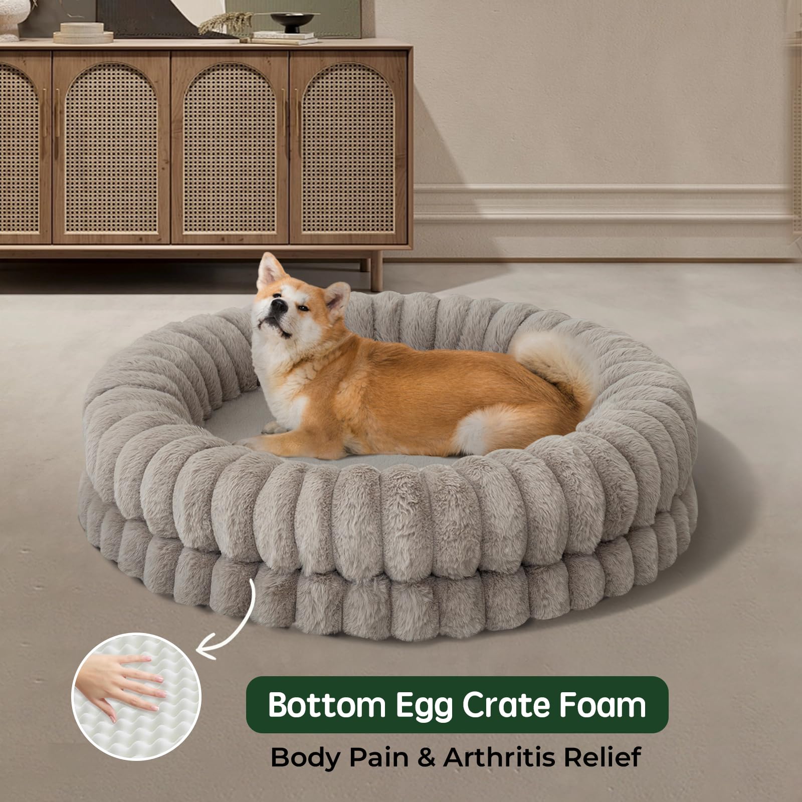 Balance Luxury Donut Dog Bed, 30 Inches Round Dog Bed Medium Size Dogs Washable, Egg Crate Foam Calming Dogs Bed For Pets With A