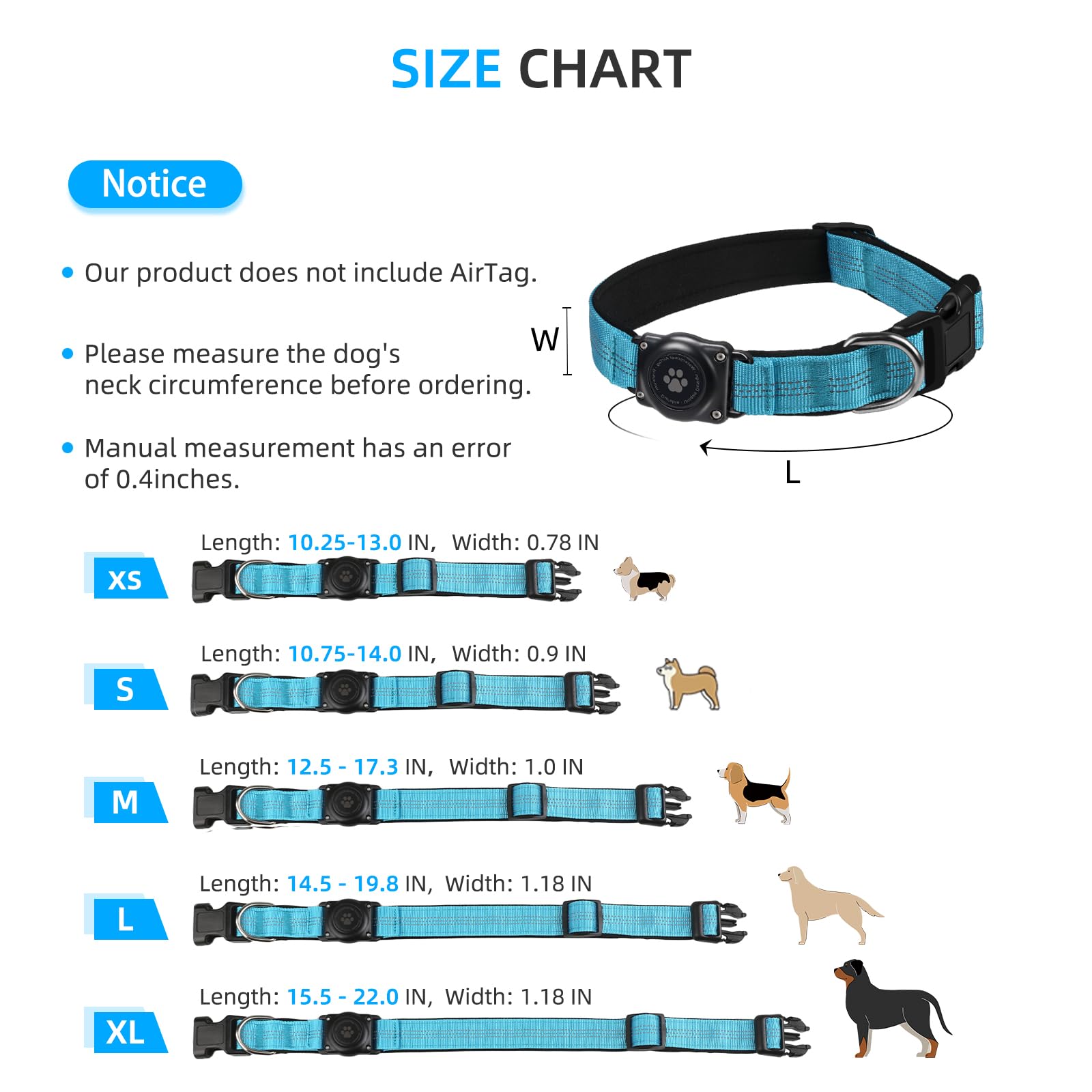 Upgraded Airtag Dog Collar, Ip68 Waterproof Air Tag Dog Collar Holder, Reflective, Ultra-Durable, Comfortable Padded, Heavy Duty Dog Collars For Small Medium Large Dogs (S (10.6'-13.6'), Blue)
