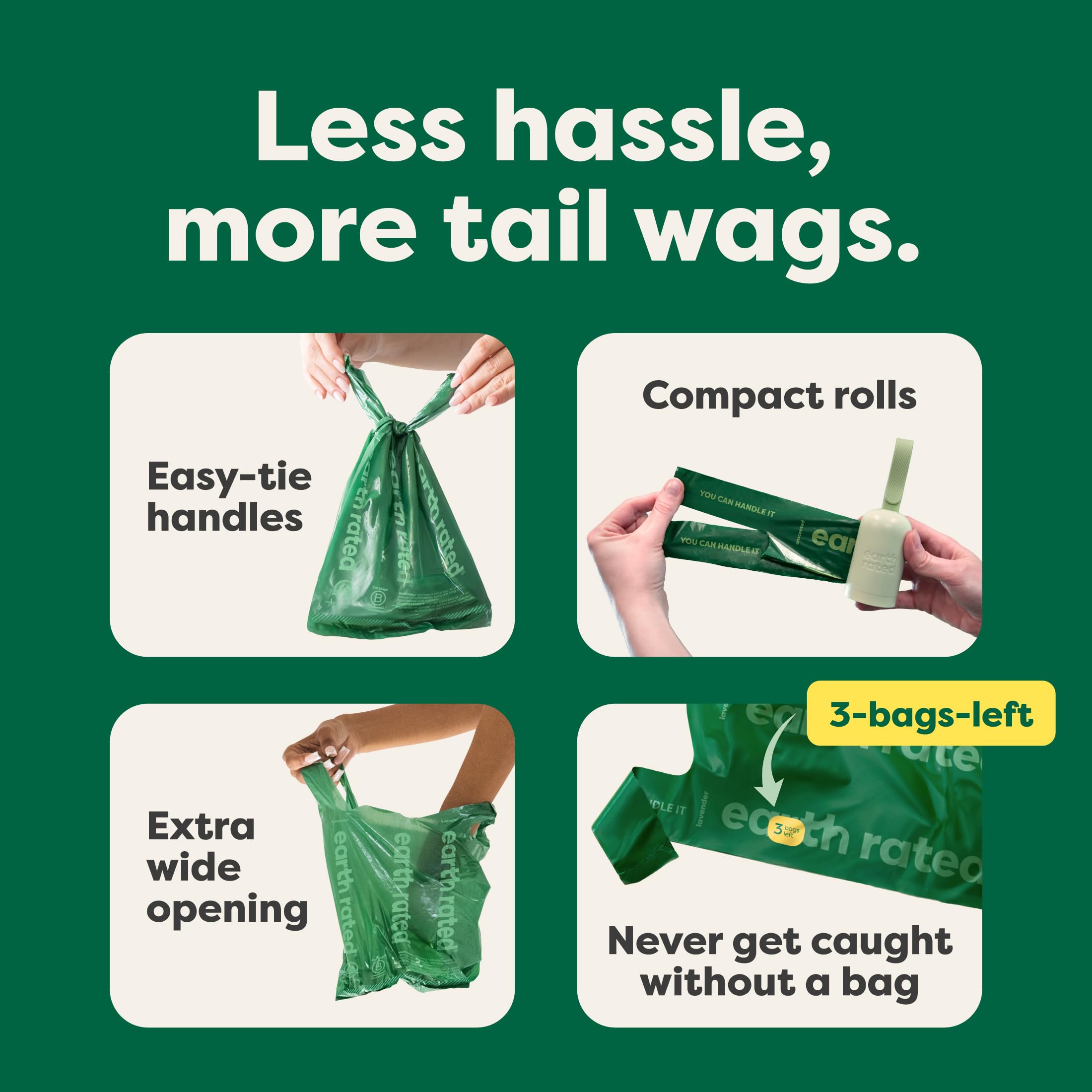 Earth Rated Dog Poop Bags With Handles On Refill Rolls, Easy-Tie On A Compact Roll, Extra Wide Opening, Guaranteed Leak-Proof, Unscented, 105 Count