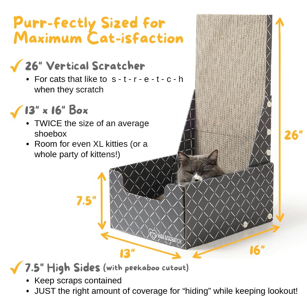 Hide & Scratch Cardboard Cat Scratcher Box & Bed - Dark Grey Diamond (Vertical L-Shaped) | Double-Sided Corrugated Pad for Indoo