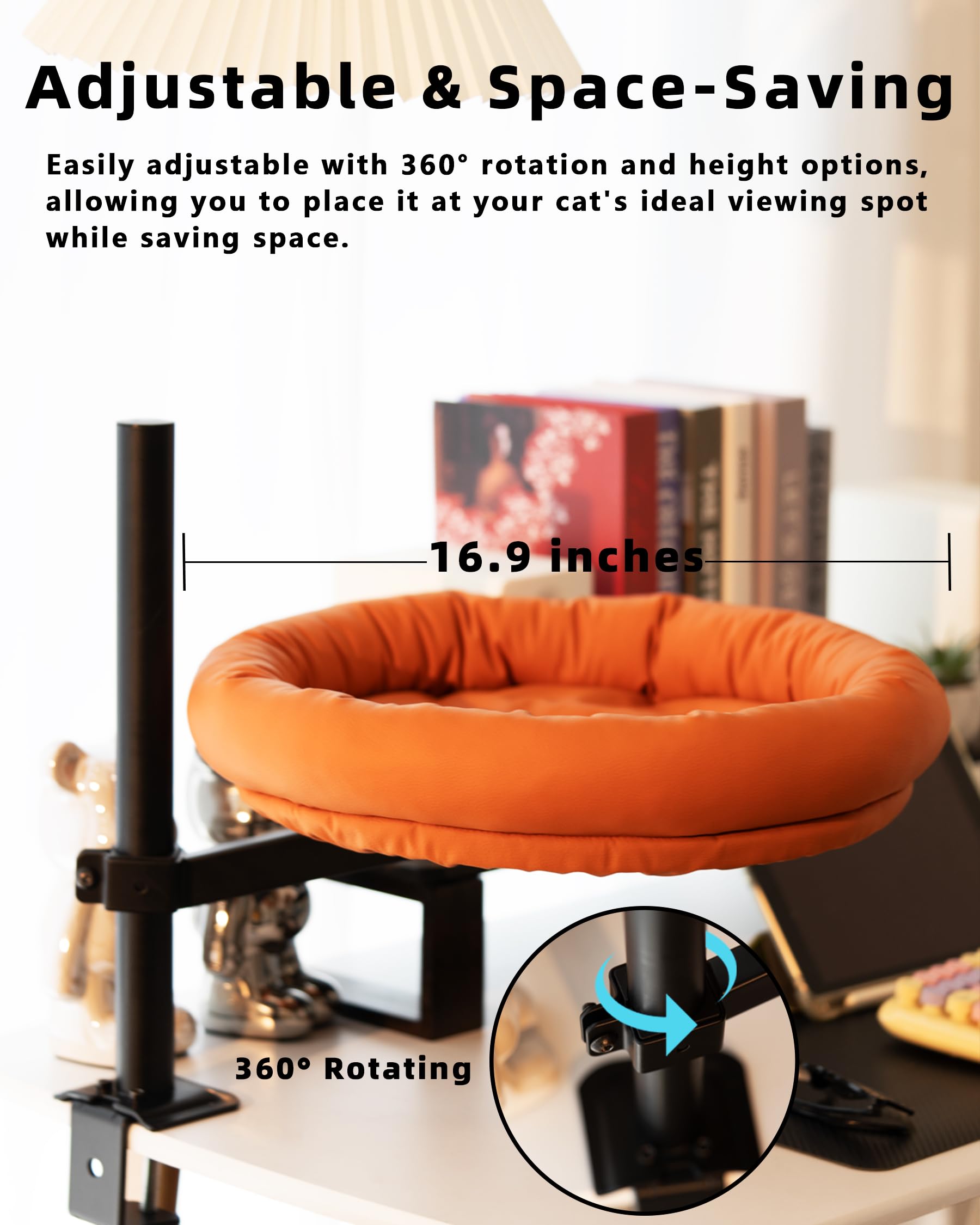 Cat Desk Bed, 360 Adjustable Cat Desk Perch With Leather Cover, Desk Nest Cat Bed, Supports Up To 50 Lbs, Scratch-Resistant, Wat