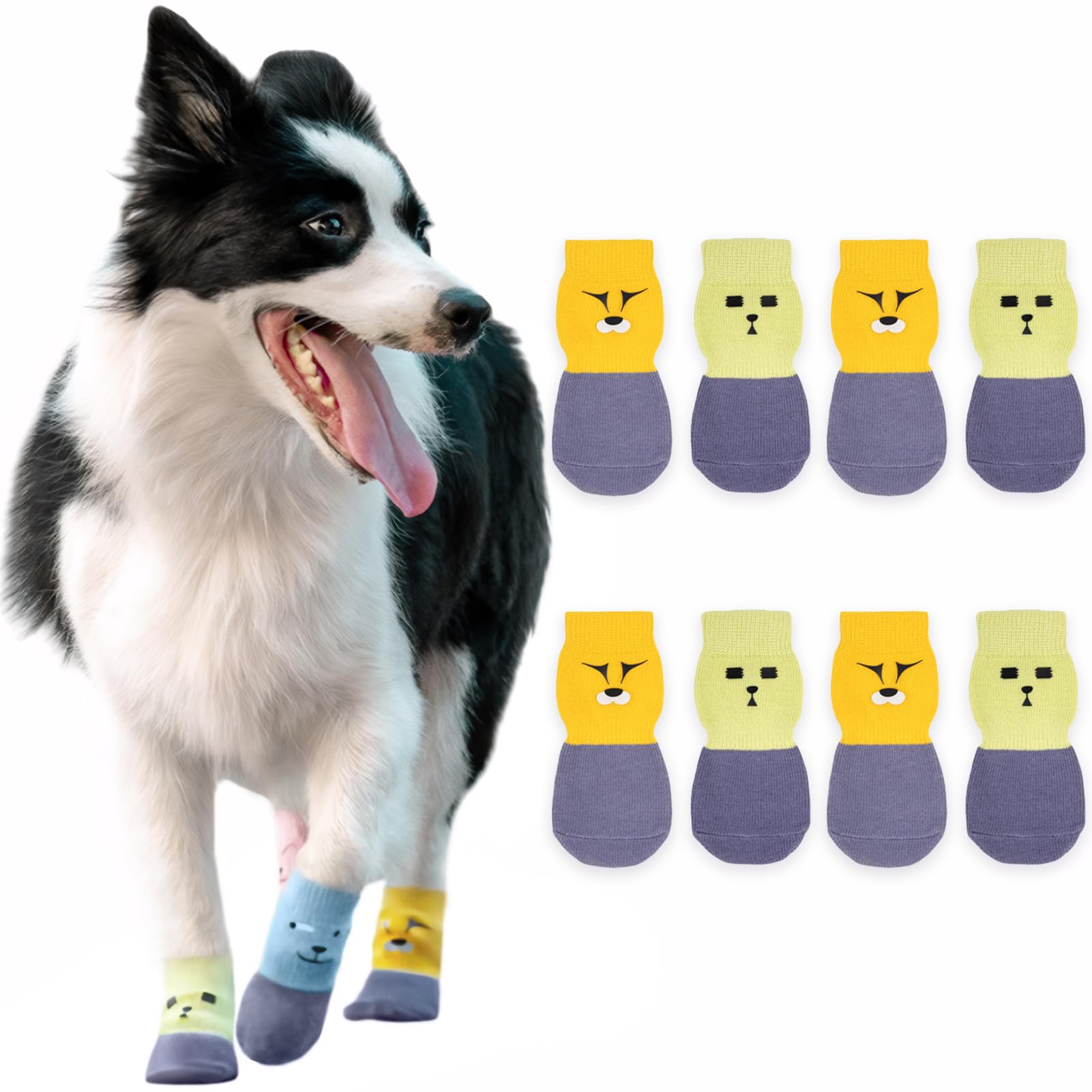 Paipeper 4 Pairs Anti-Slip Dog Socks,Prevent Licking, Paw Protector,Traction Control Indoor For Small Medium Dogs(Green+Yellow-M