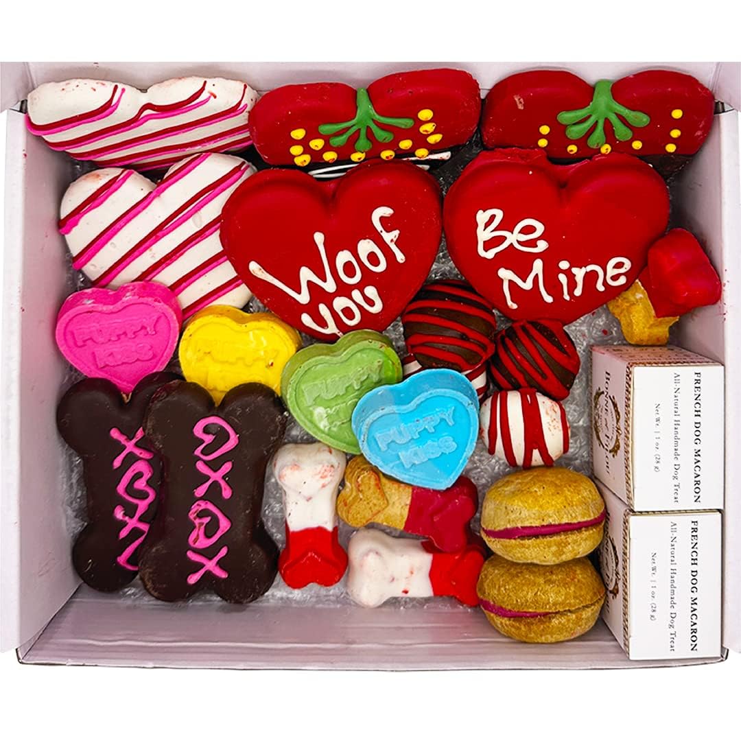 Bonne et Filou Love Dog Treats Gift Box, 22 Luxury Macarons, Truffles & Bone Cookies, Healthy & Delicious Snacks for Medium to L