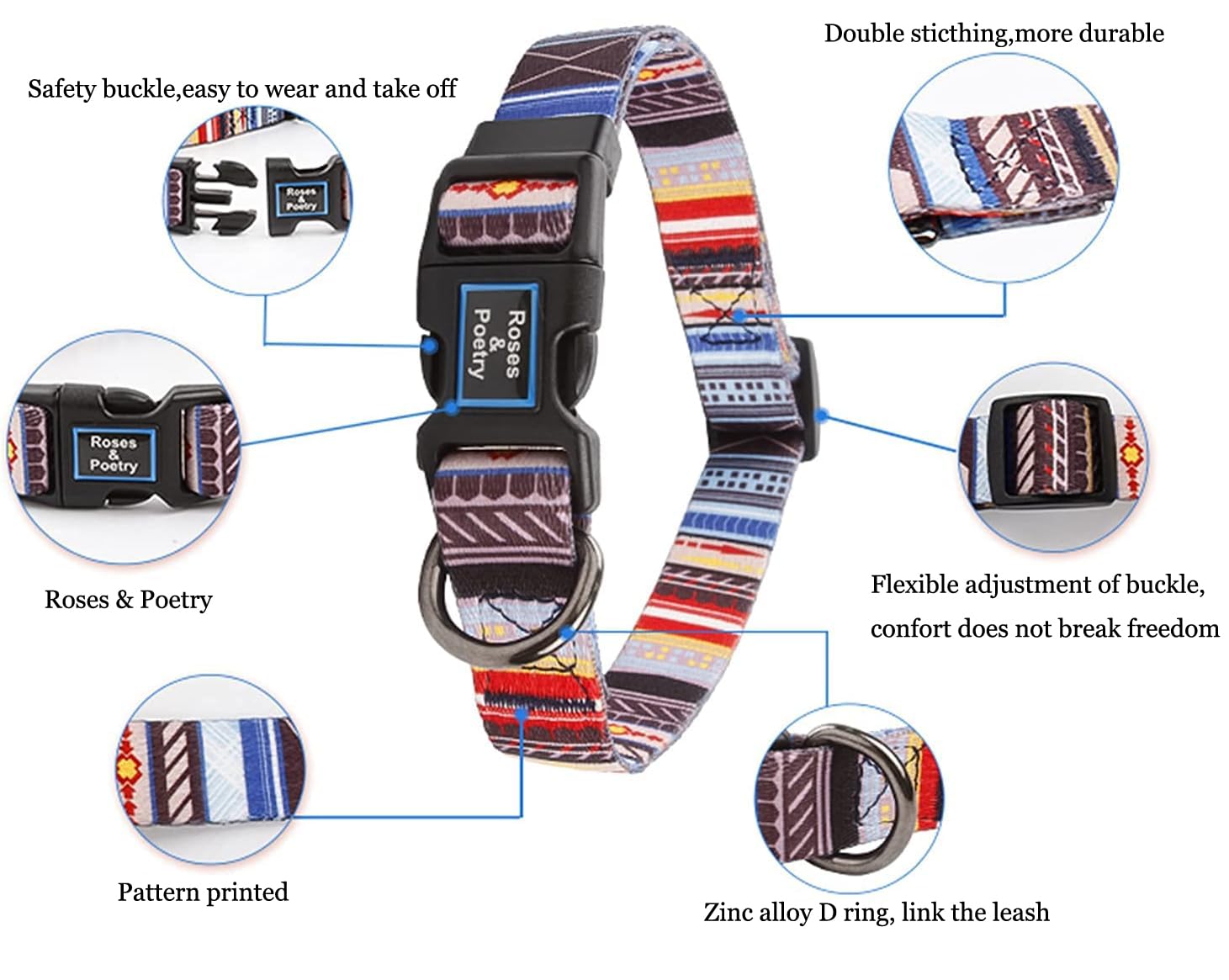 Roses&Poetry Dog Collar With Colourful Stripe Patterns, Adjustable Durable Puppy Collars For Small Medium Large Dogs (Stripe-Xs)