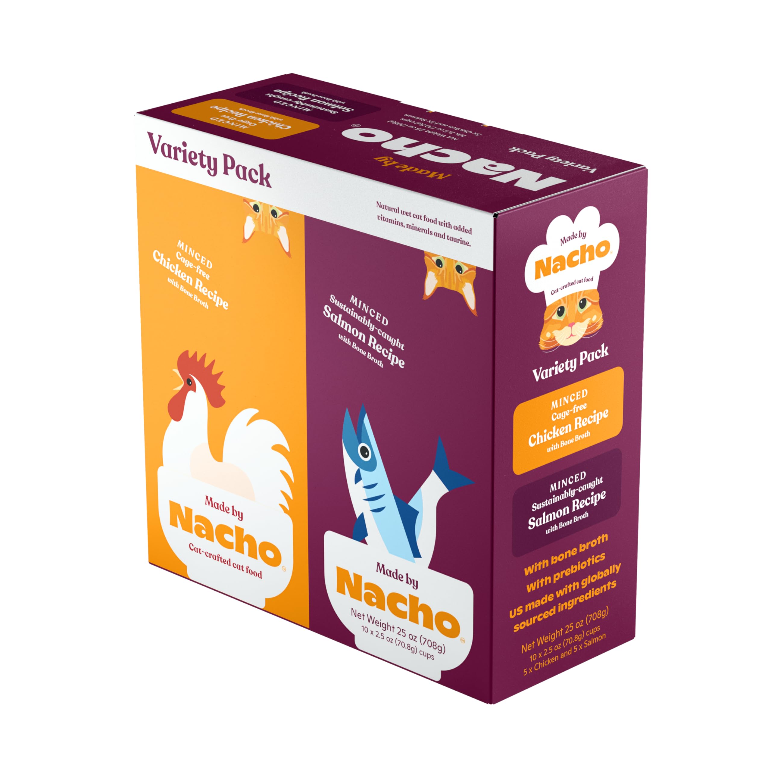 Made by Nacho Minced Cage-Free Chicken and Salmon in Bone Broth Cups, Enriched with Vitamins and Prebiotics, Variety Pack, 10 Cu