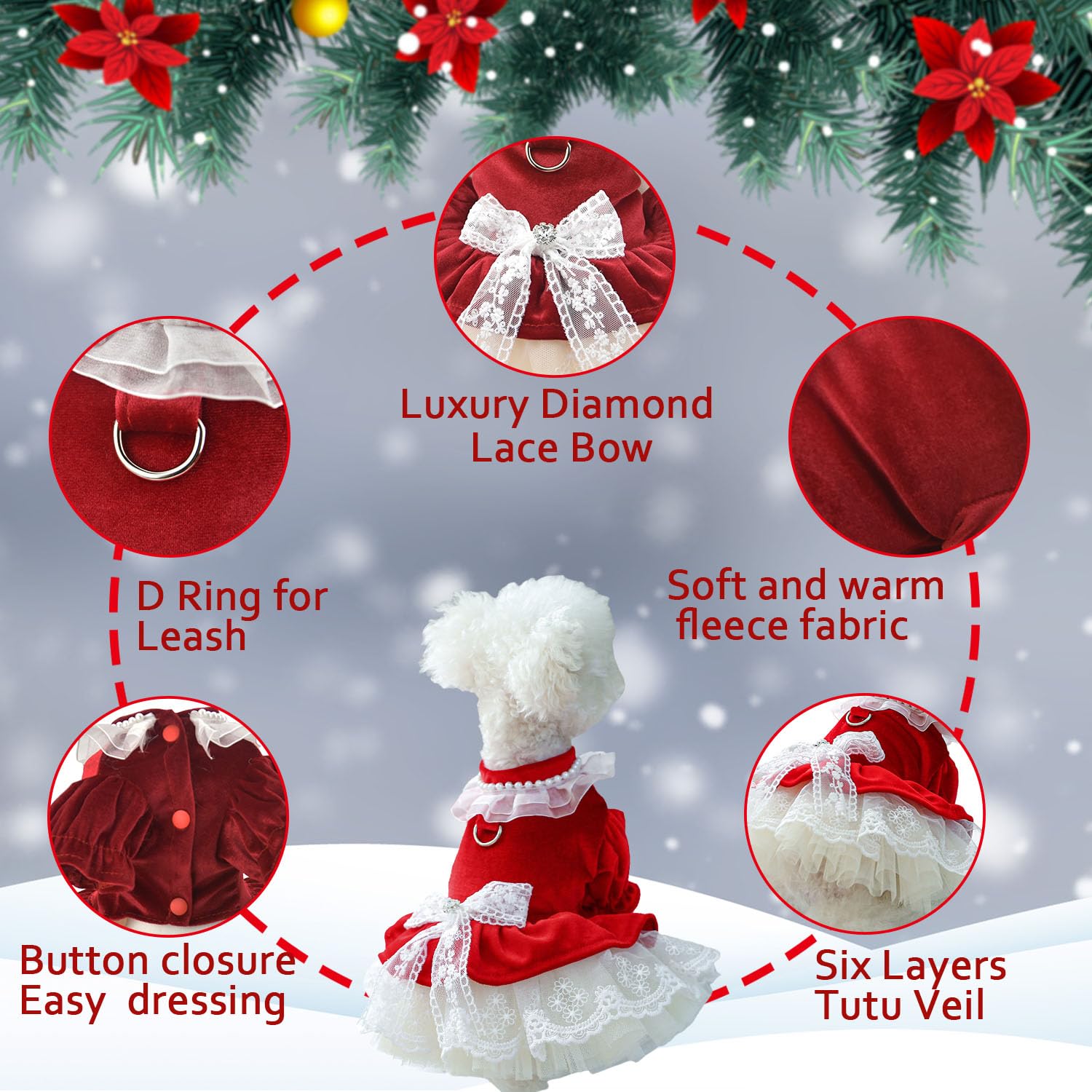 Fladorepet Dog Christmas Costume Outfits,Red Velvet Small Dog Bowknot Pearl Dress Tutu Skirt, Winter Cat Clothes Pet Apparel (Re