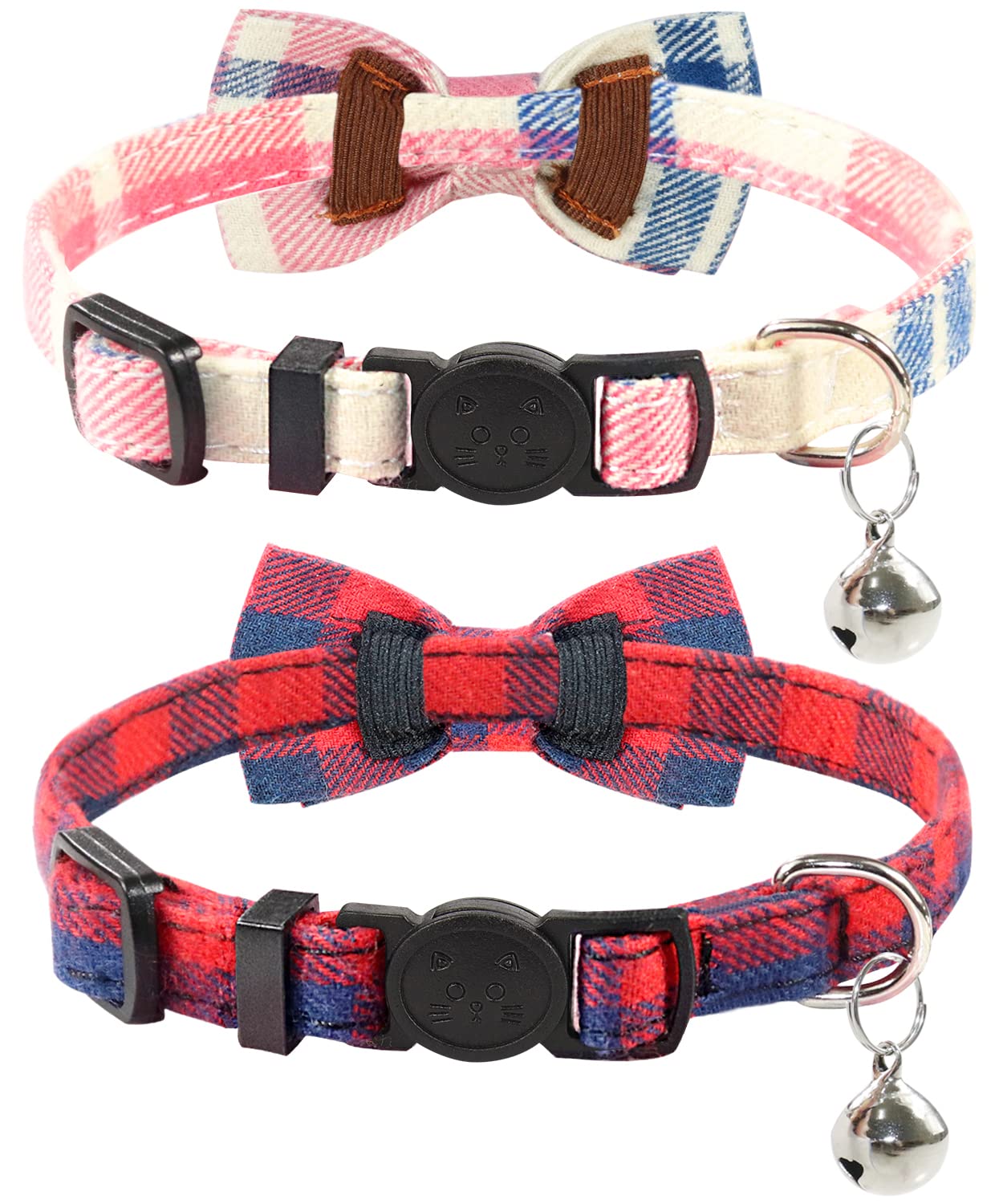 Joytale Upgraded Cat Collar With Bells, Breakaway Cat Collars With Bow Tie, 2 Pack Girl Boy Safety Plaid Kitten Collars, Pink+Re