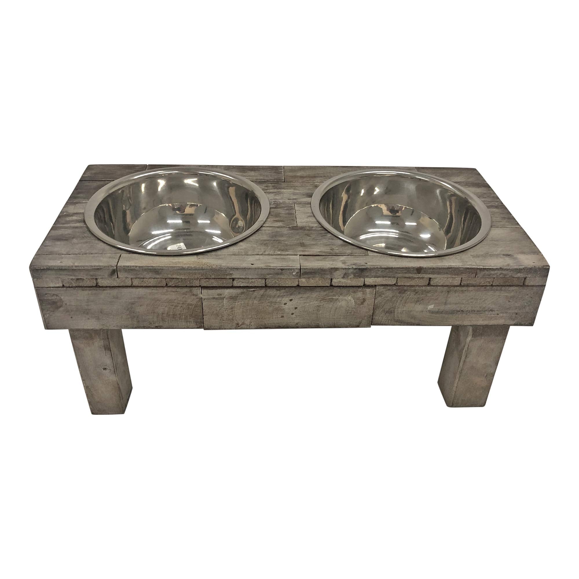 Huntley Equestrian Pet Berjen Table Elevated Double Bowl Pet Feeder, Brown Wash (Small), 2191