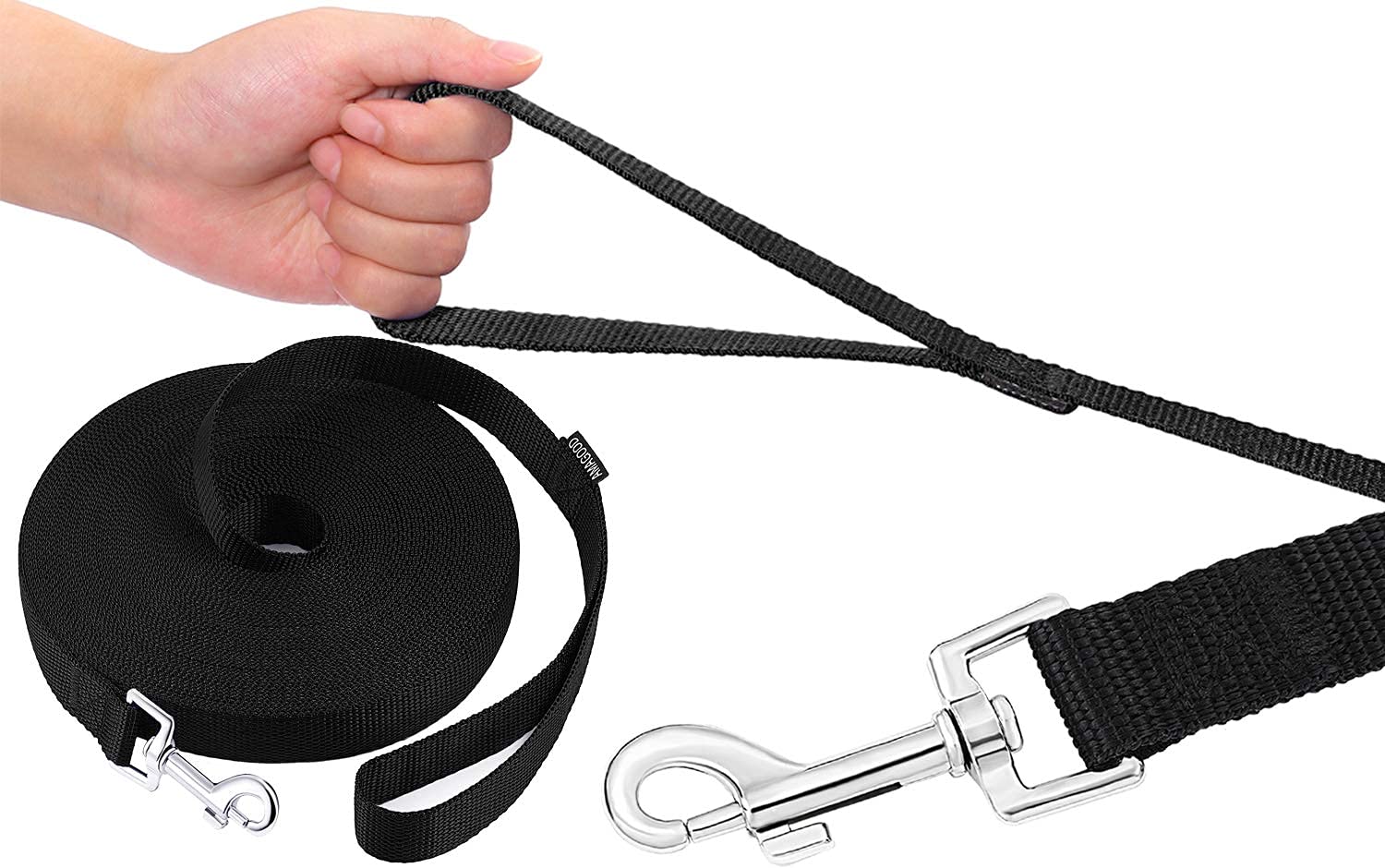 Amagood Dog/Puppy Obedience Recall Training Agility Lead-15 Ft 20 Ft 30 Ft 50 Ft Long Leash-For Dog Training,Tie Out,Play,Safety,Camping (50 Feet, Black)
