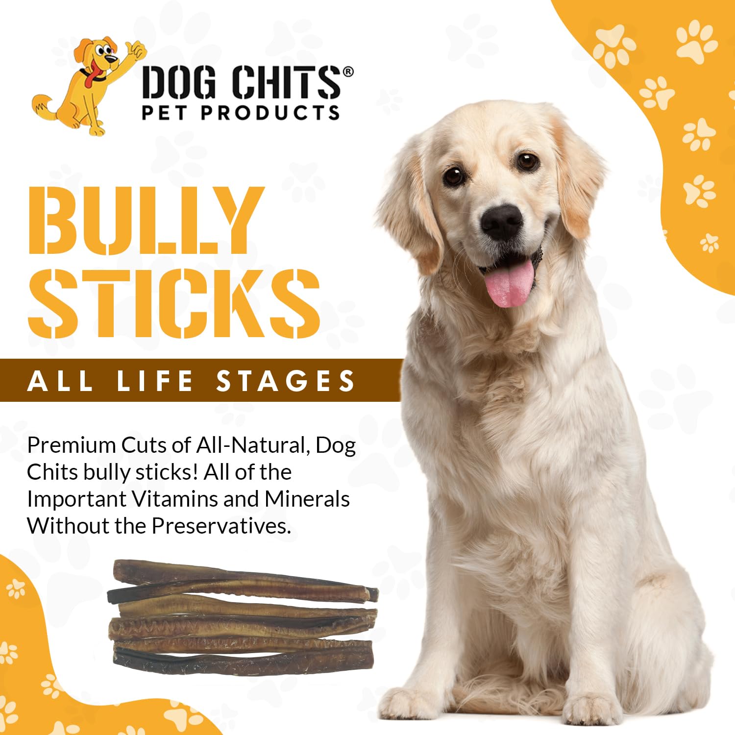 Dog Chits Bully Sticks for Dogs and Puppies | 12-inch, 6 Pack | Natural Healthy Long Lasting Chew for Large and Small Dogs Prote